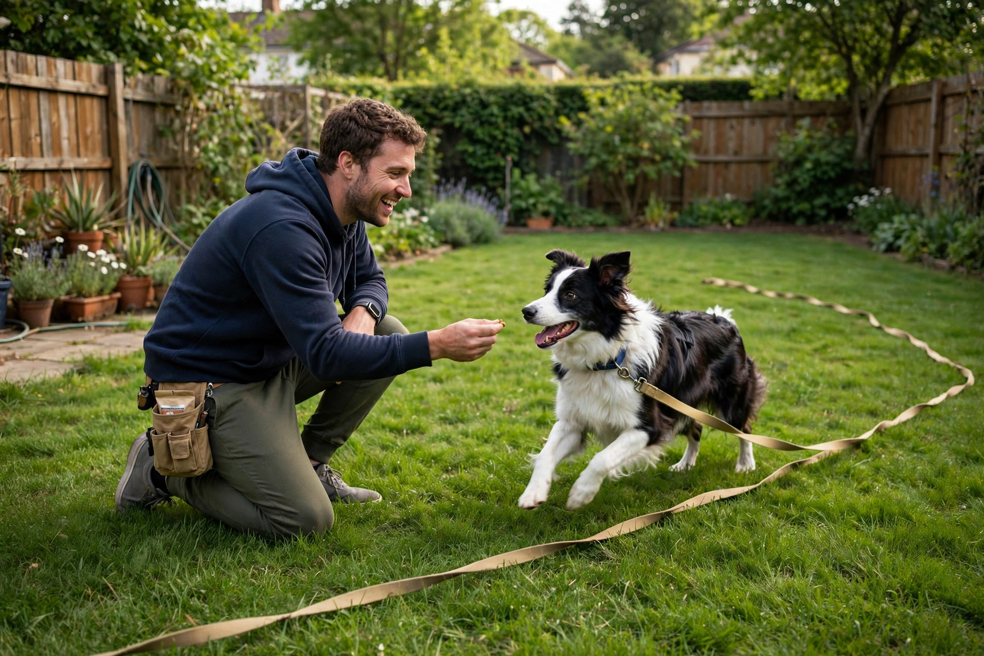 Owner training a border collie on a long leash during recall training