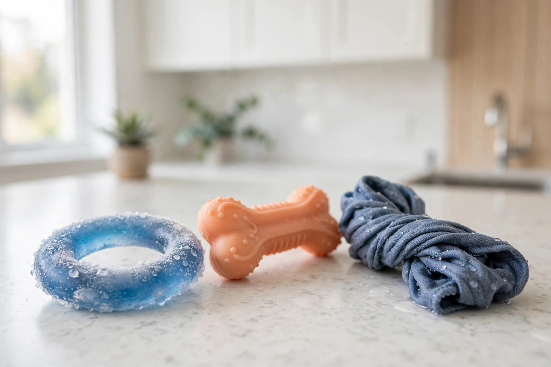Frozen teething toys and soft chew toys arranged for a teething puppy