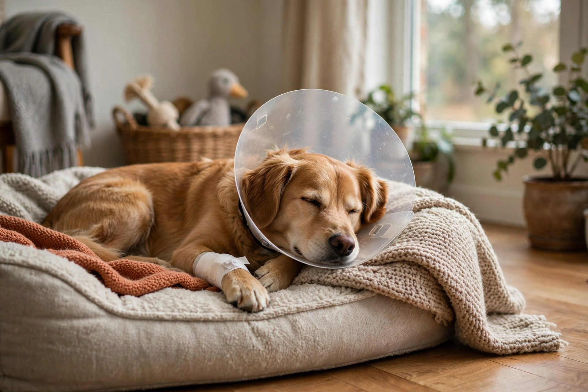 Calm dog resting peacefully on a cozy indoor dog bed