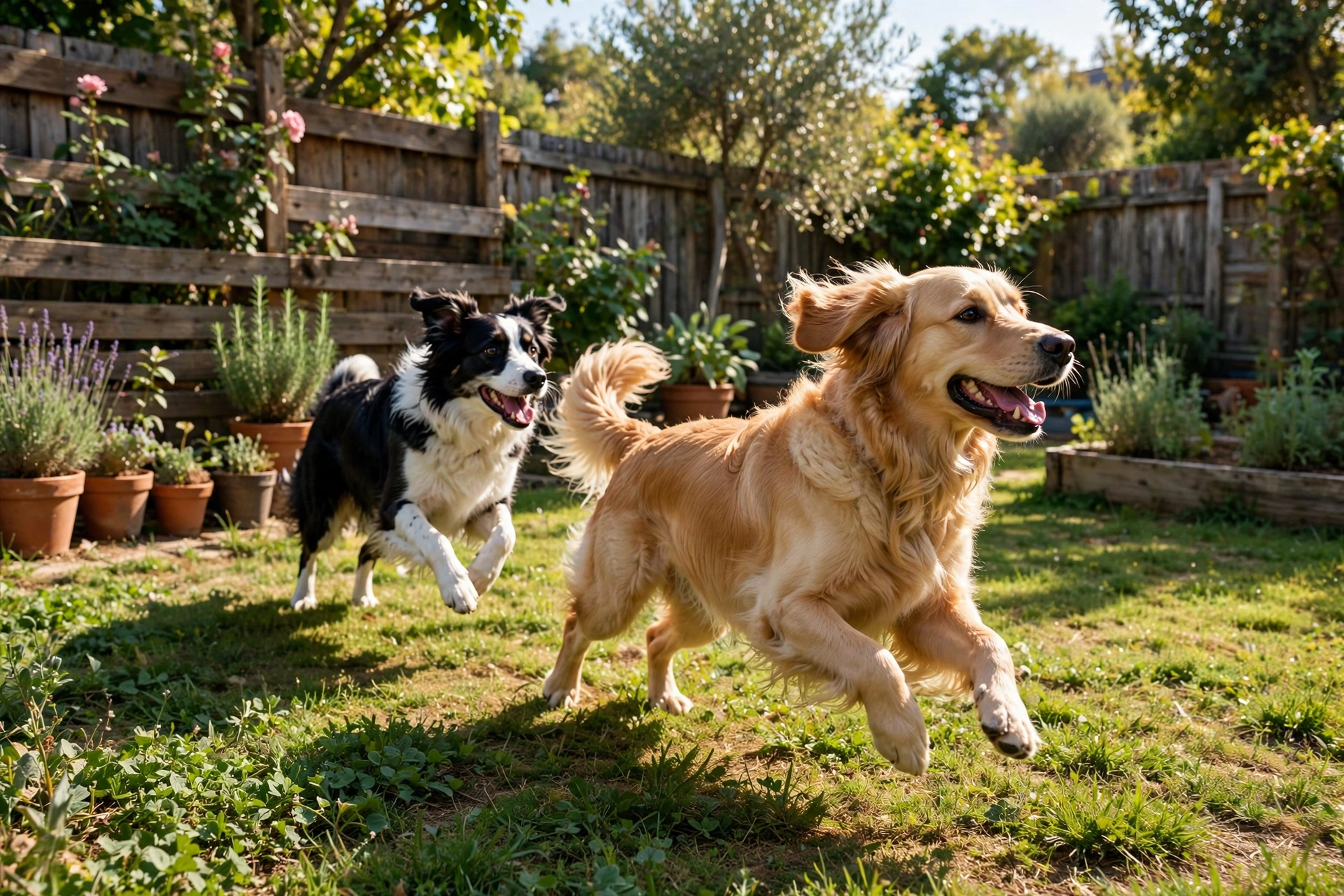 Two happy dogs playing together in a sunny backyard