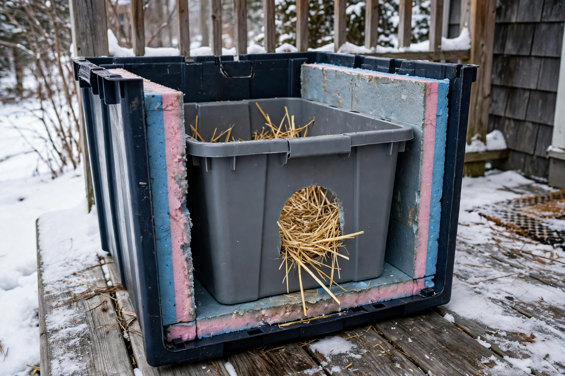 Two nested plastic storage totes forming an insulated cat house with foam board between walls
