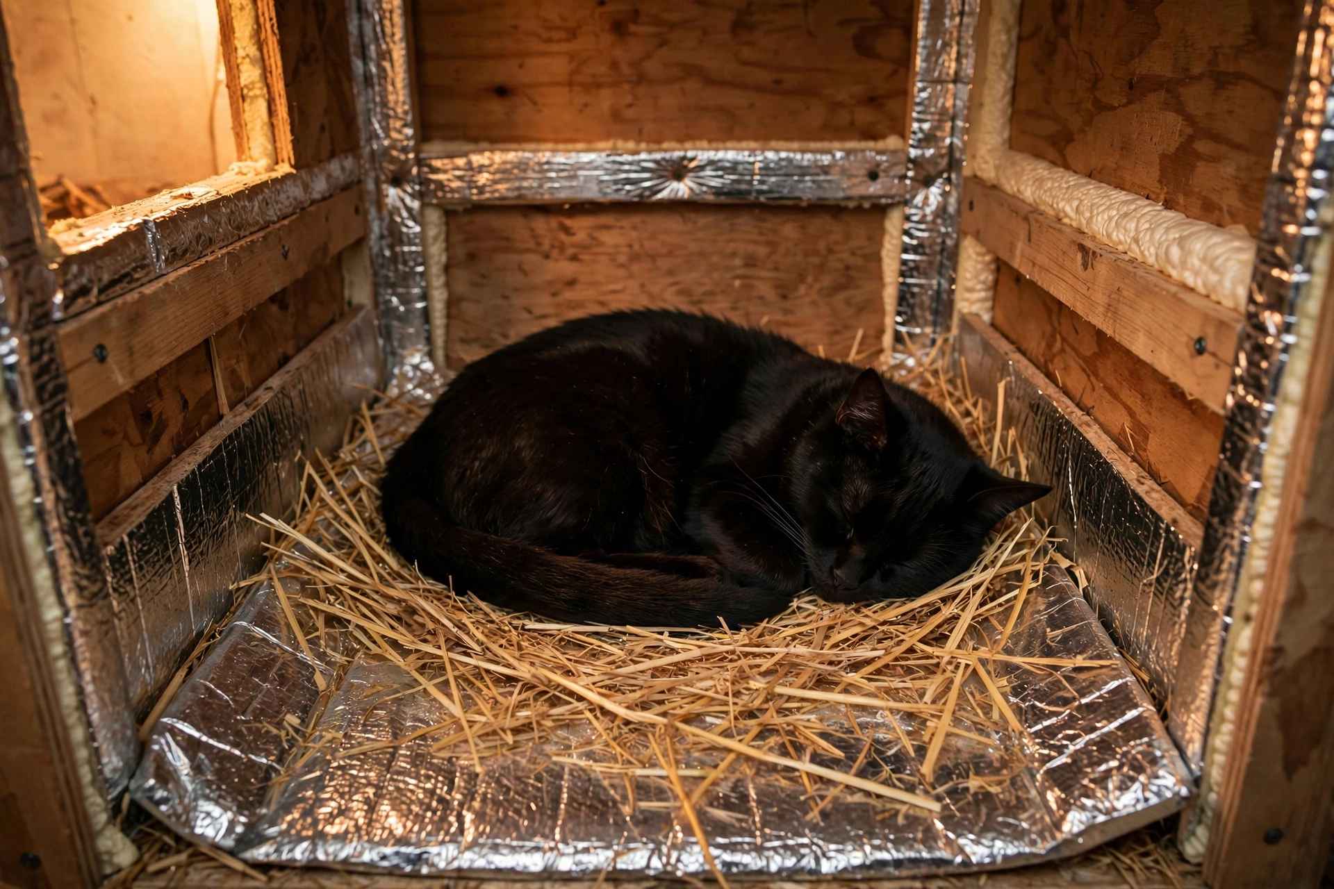 Insulated cat den with a self-warming mylar pad reflecting body heat on the floor