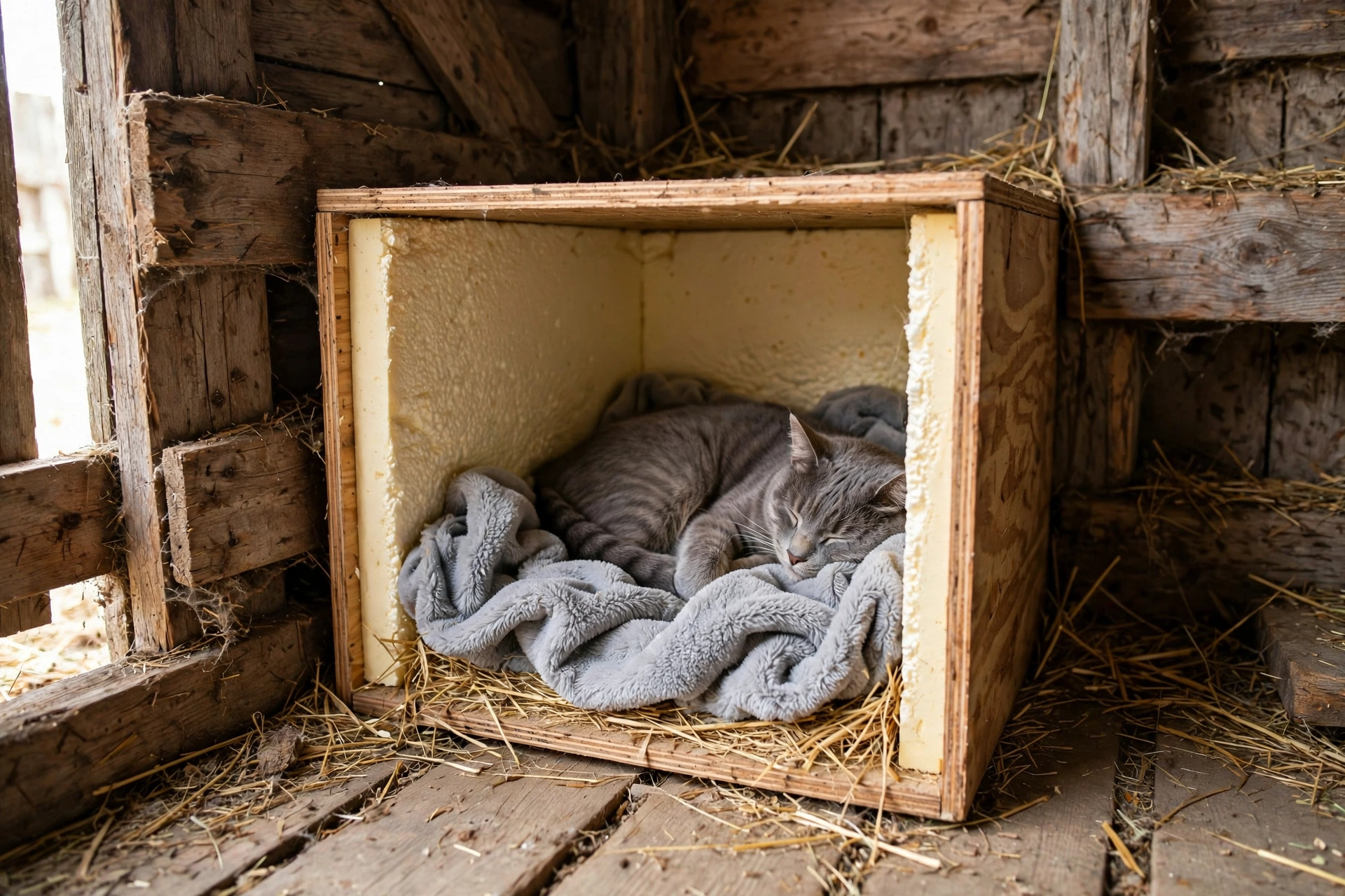 Insulated cat nook tucked into a garage corner with fleece bedding and foam walls