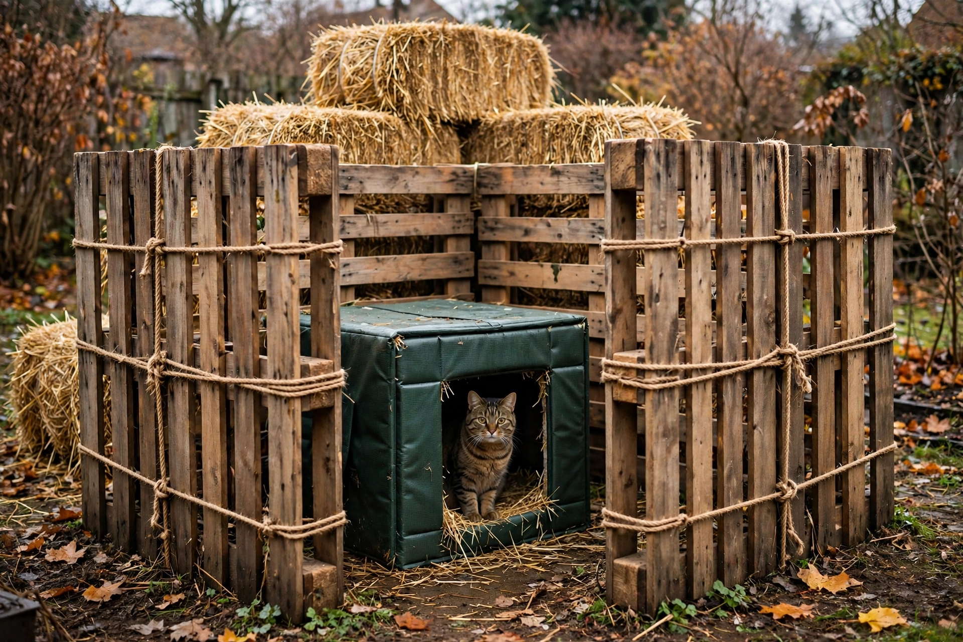 Wooden pallet windbreak wall lashed with rope protecting an insulated cat den box