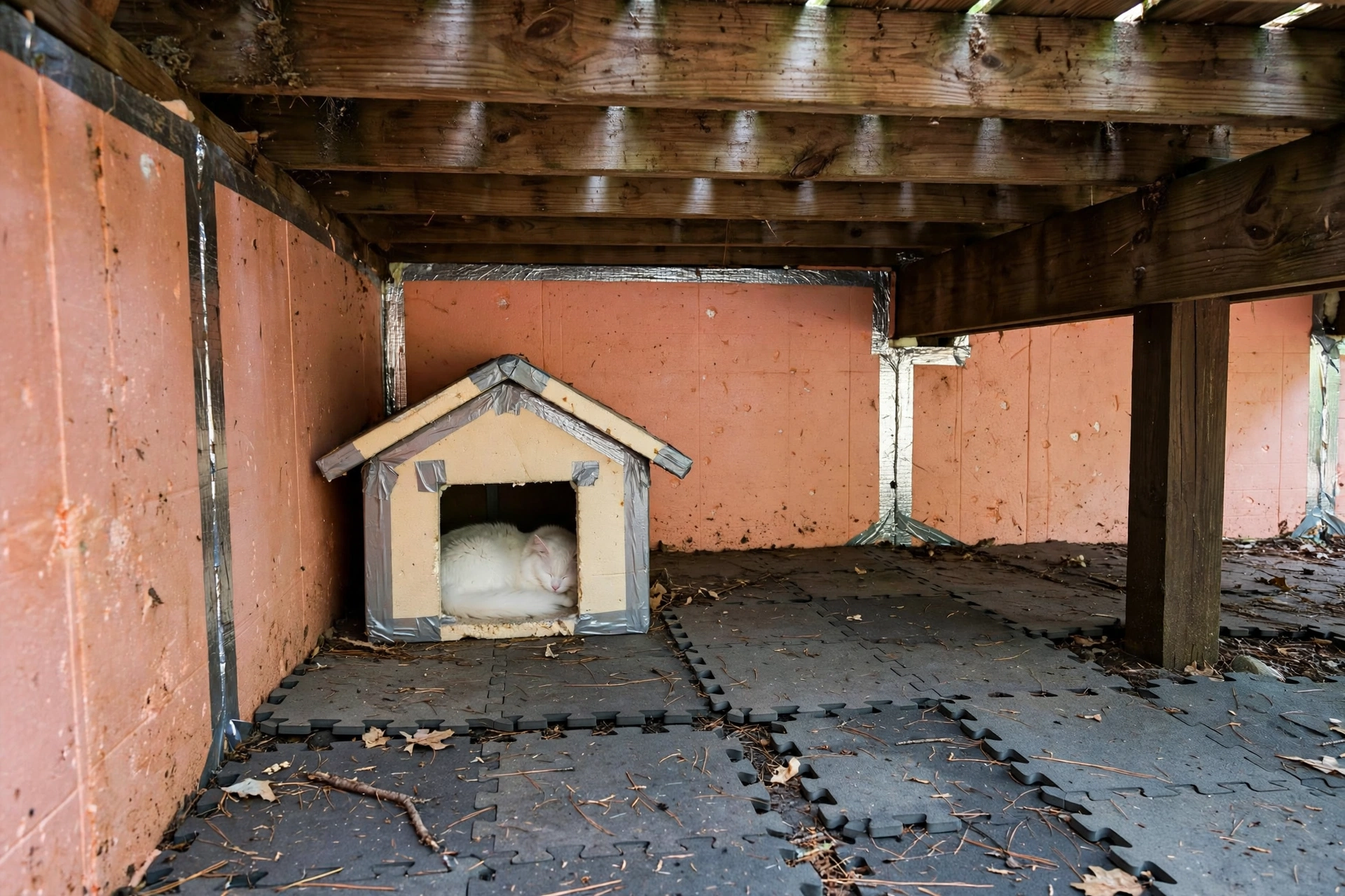 Insulated cat house tucked under a deck with interlocking carpet tiles on the floor