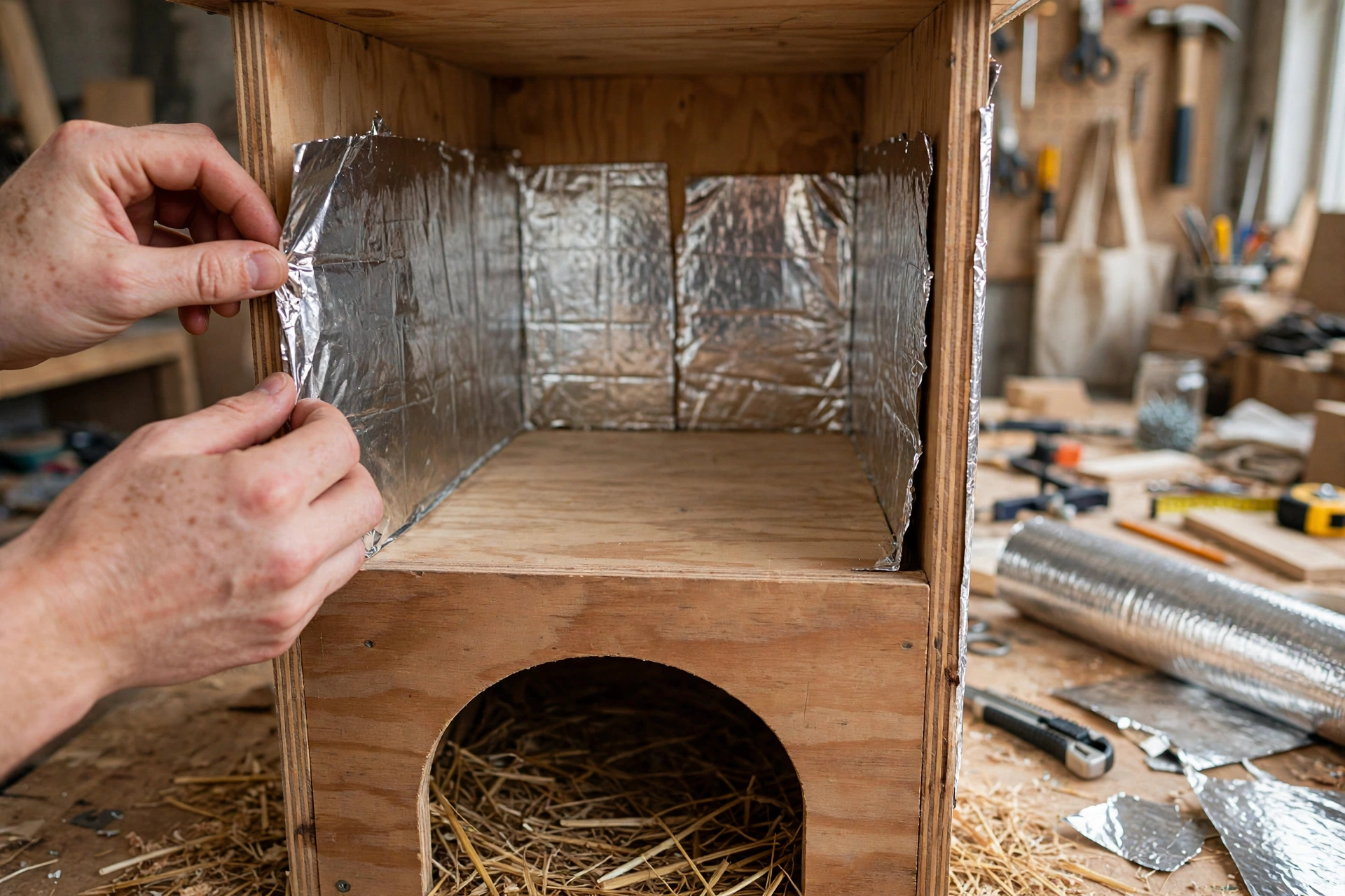Existing cat house interior being upgraded with a reflective insulation liner