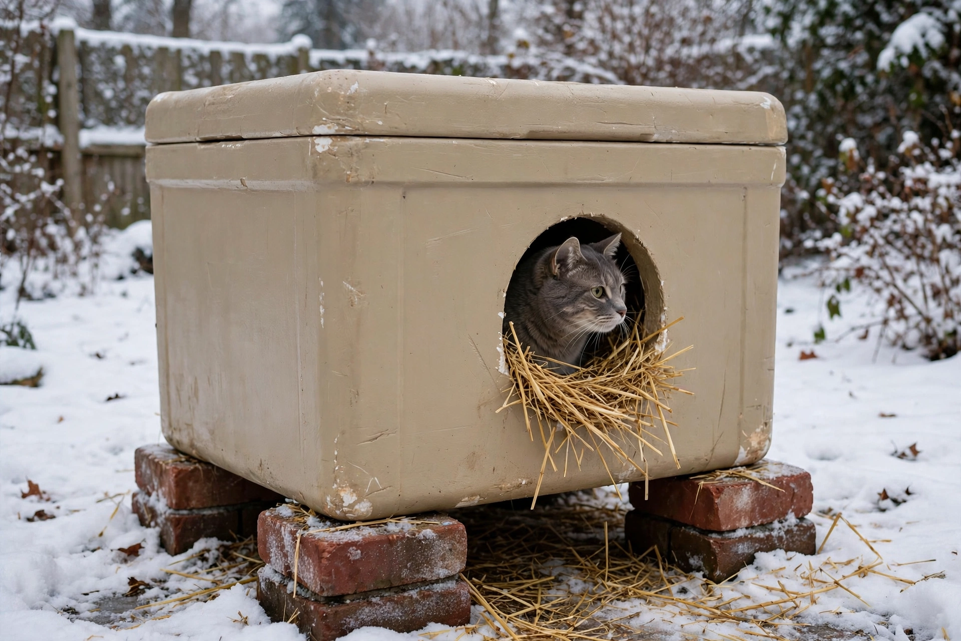 Insulated outdoor cat house made from a large styrofoam cooler with a small round entry hole