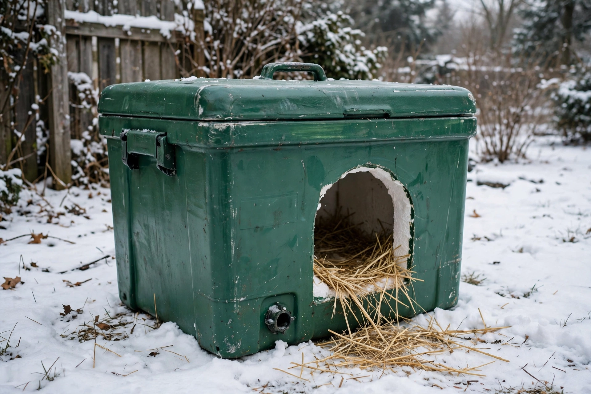 Retired ice chest converted into an insulated cat house with an entry hole cut in the side