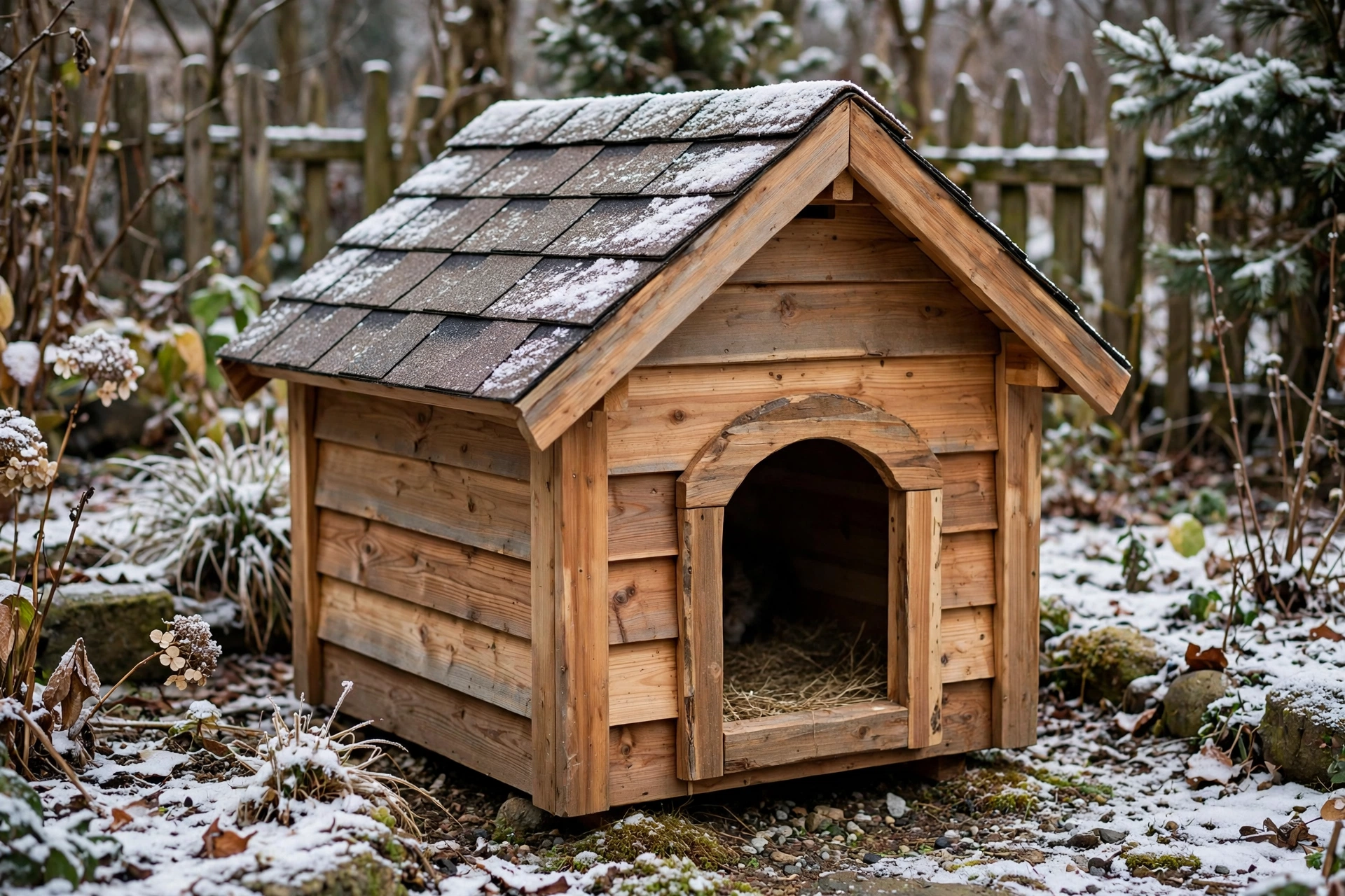 Small cedar cat house shaped like a garden shed with insulated walls and a peaked roof