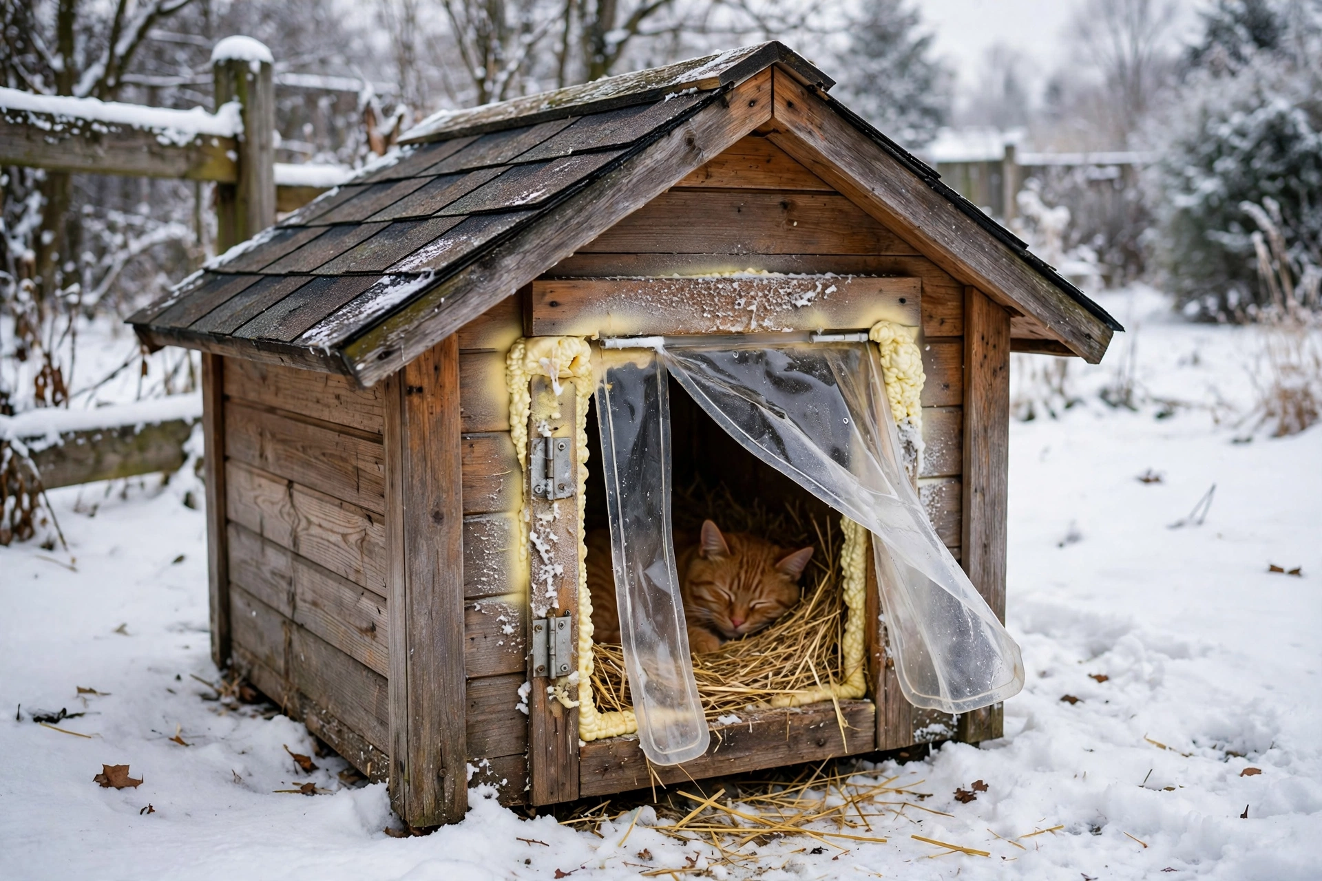 Converted doghouse fitted with insulation and a small pet door flap for winter warmth