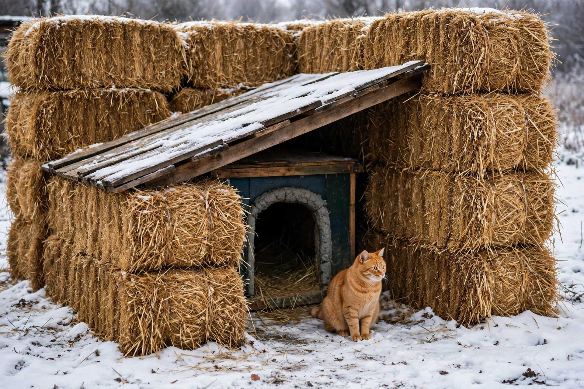 Insulated cat shelter surrounded by stacked straw bales as a windbreak in winter