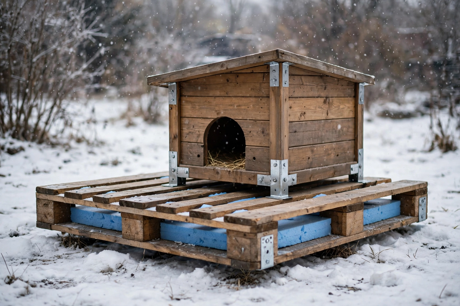 Insulated cat house raised on a wooden pallet platform above snow and wet ground