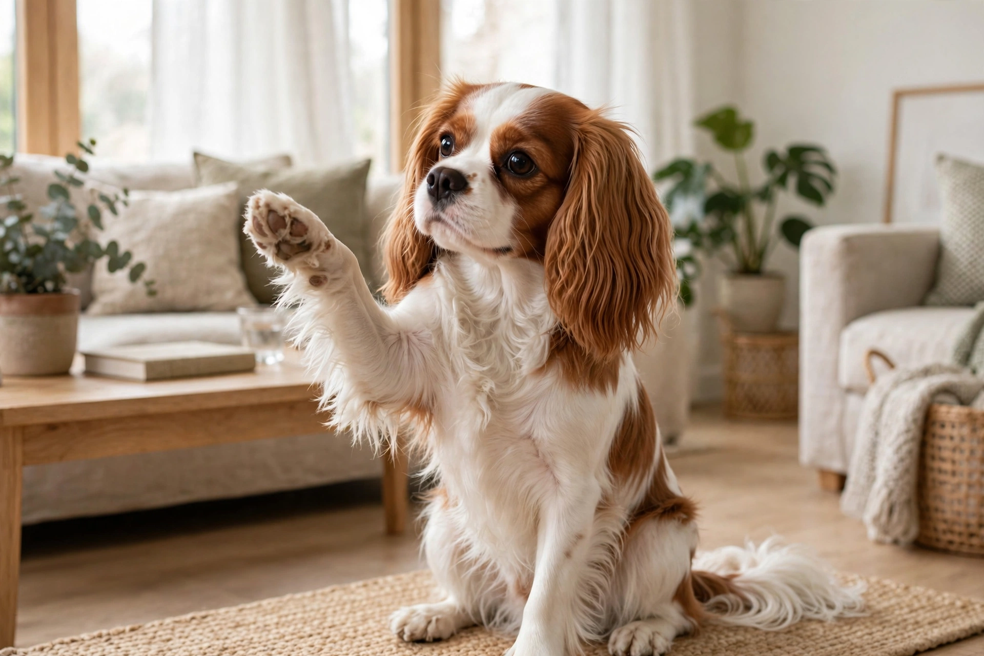 Small spaniel dog sitting and raising its left paw in the air