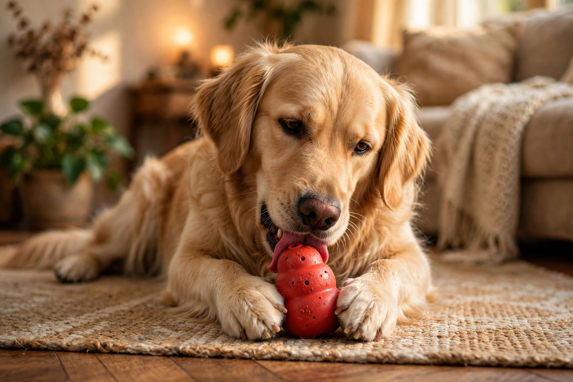 Dog holding a red rubber treat toy between its paws while licking it
