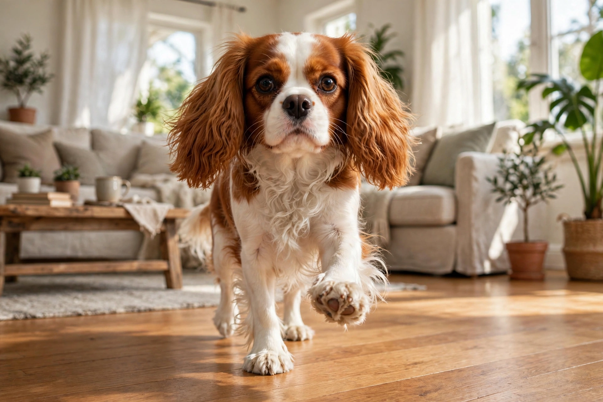 Cavalier King Charles Spaniel taking a first step with one front paw lifted