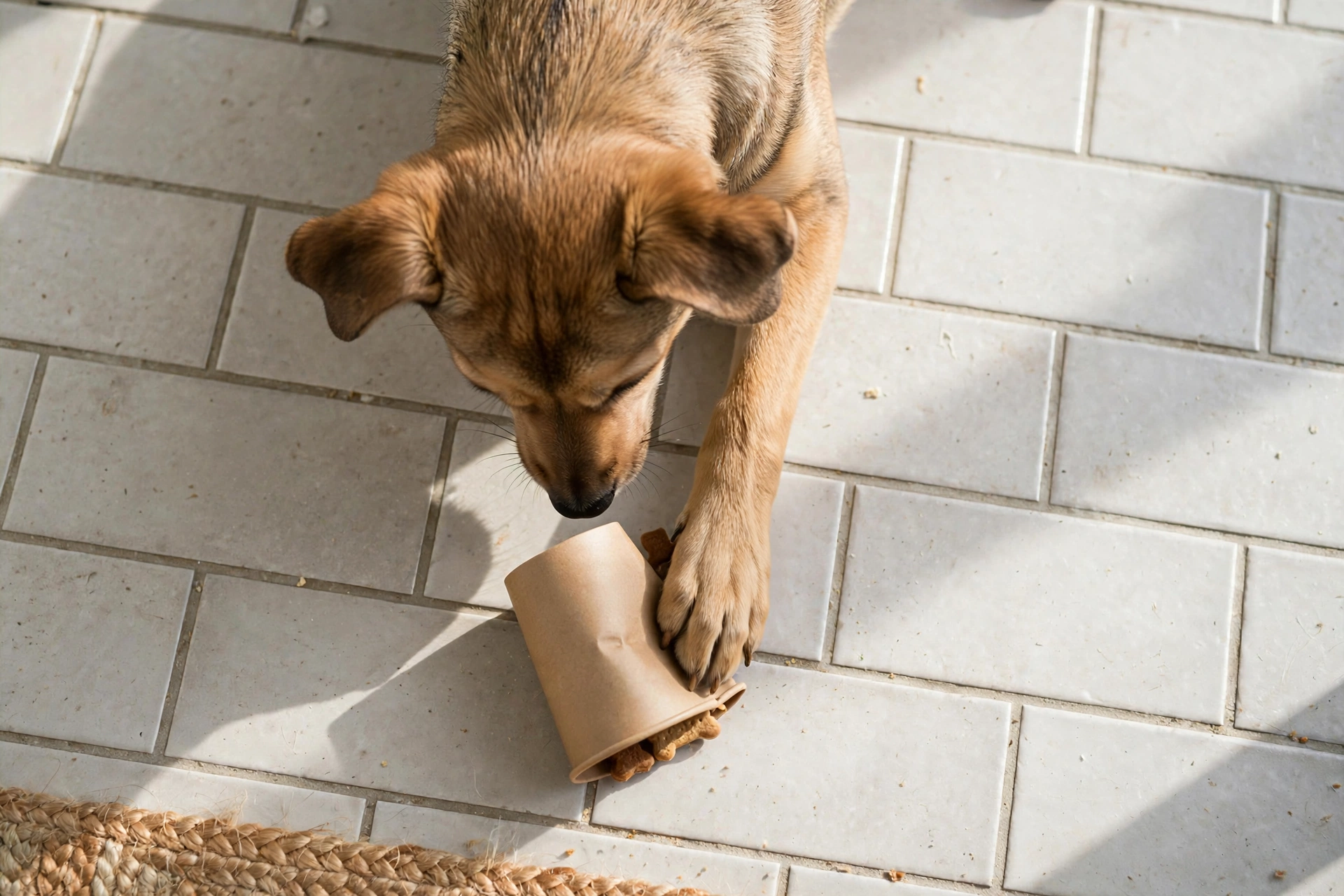 Dog pawing at an overturned cup to reach a treat hidden underneath