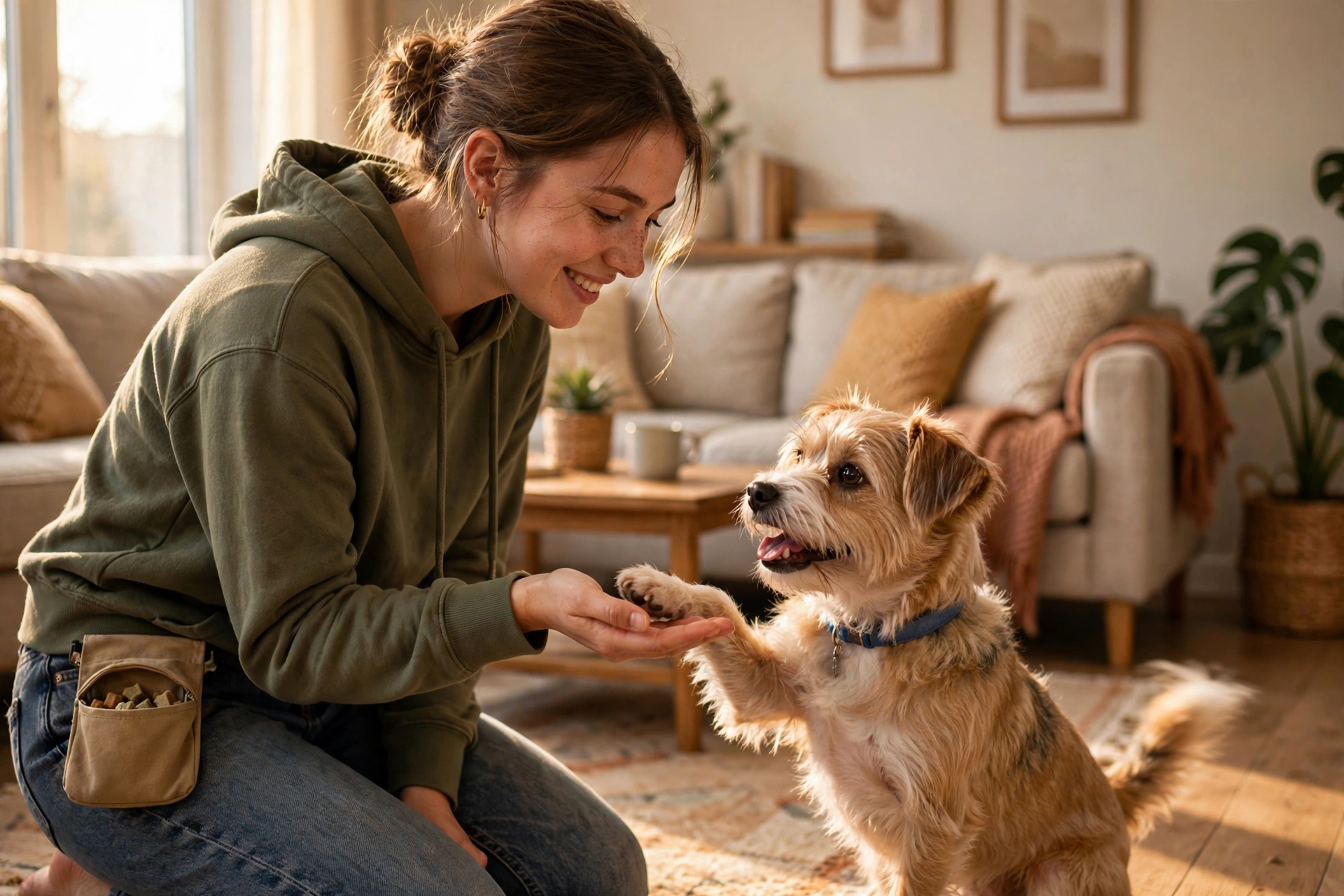 Owner training a small dog to lift its paw to touch their hand