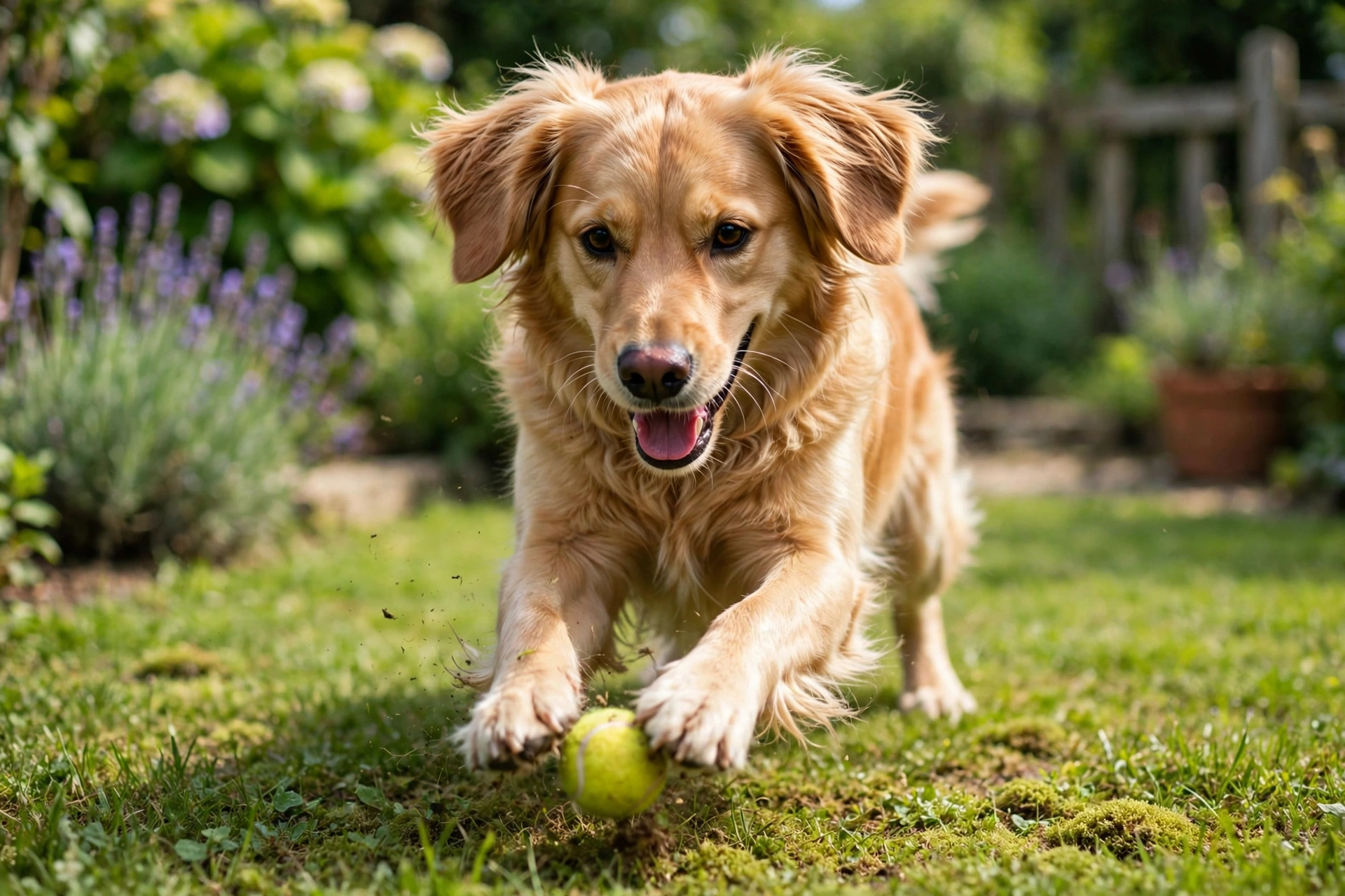 Playful dog batting a ball with both front paws on a lawn