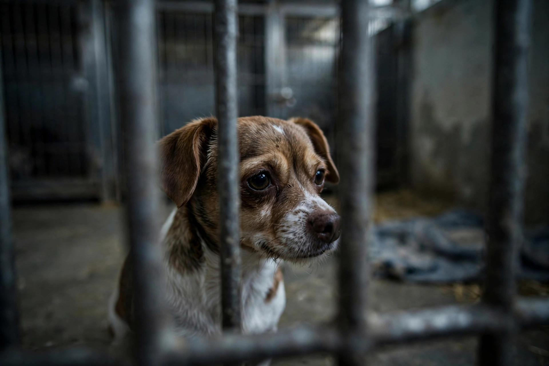 Small dog behind kennel bars, illustrating puppy mill conditions