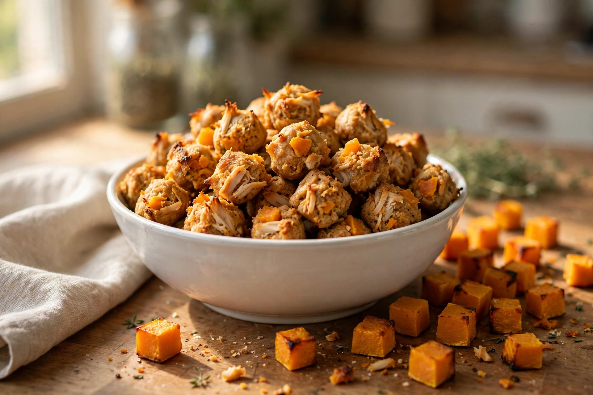 Homemade chicken and butternut squash dog treat bites in a ceramic bowl