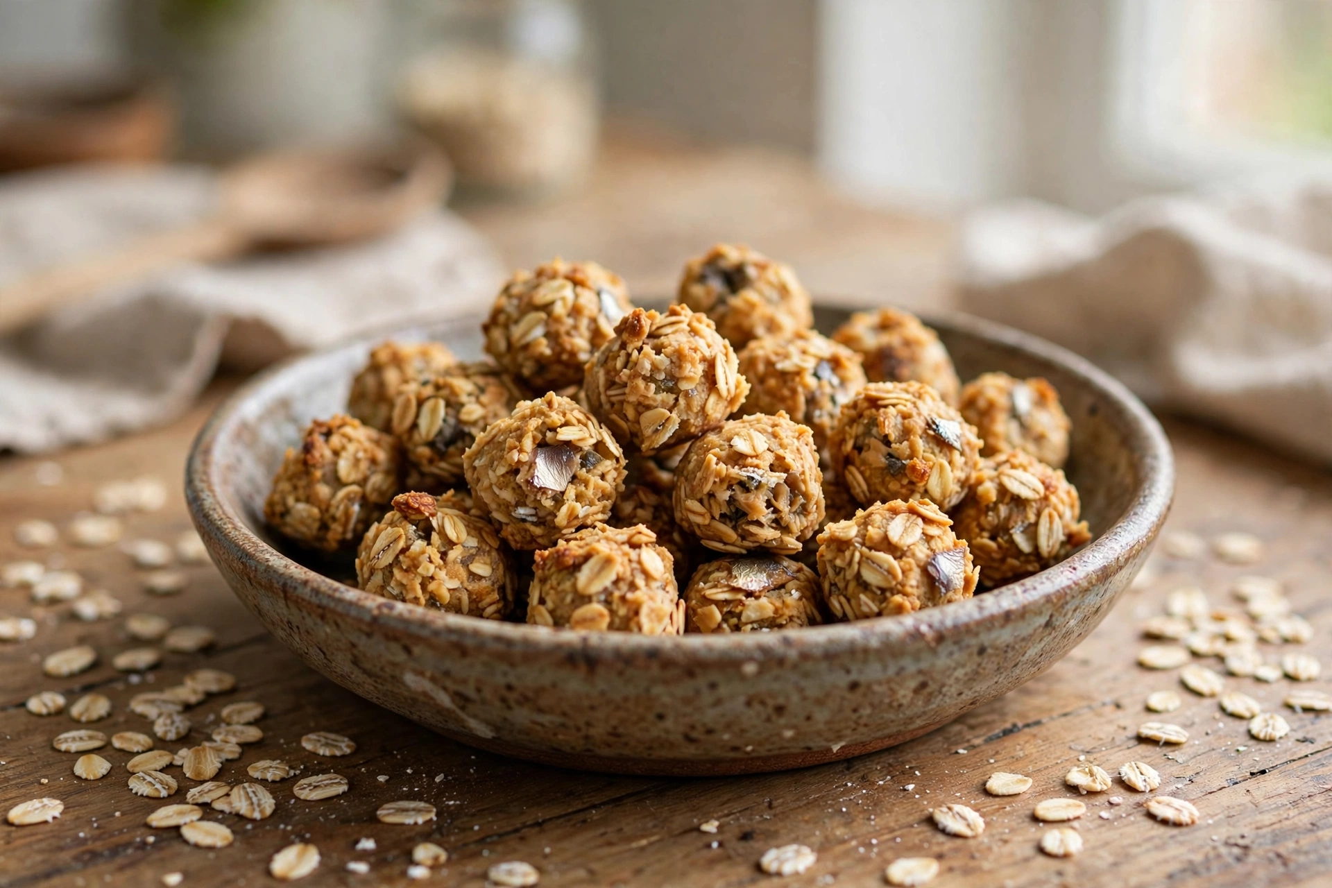 Sardine and oat homemade dog treat bites in a ceramic bowl