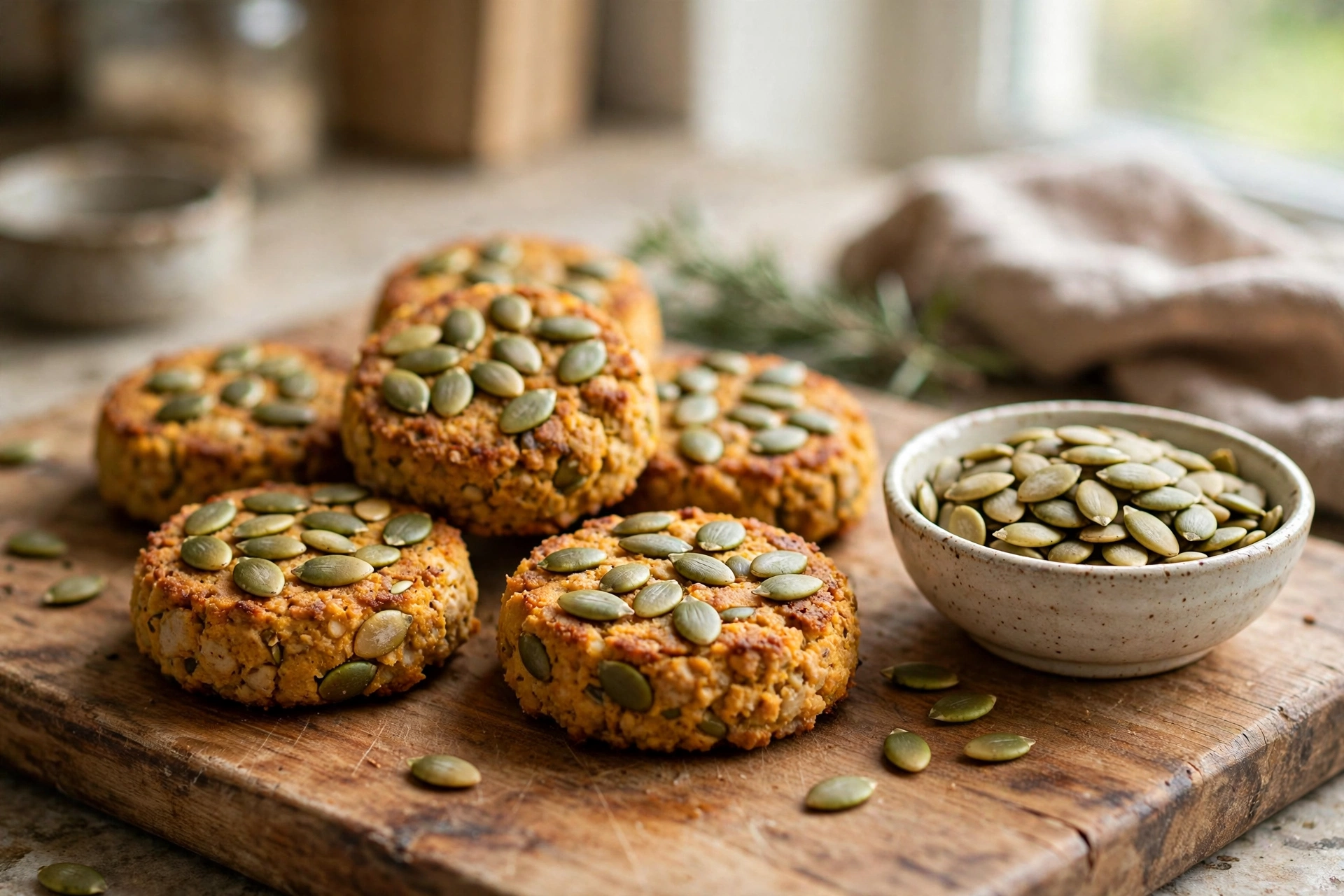 Turkey and pumpkin seed dog treat patties on a wooden cutting board