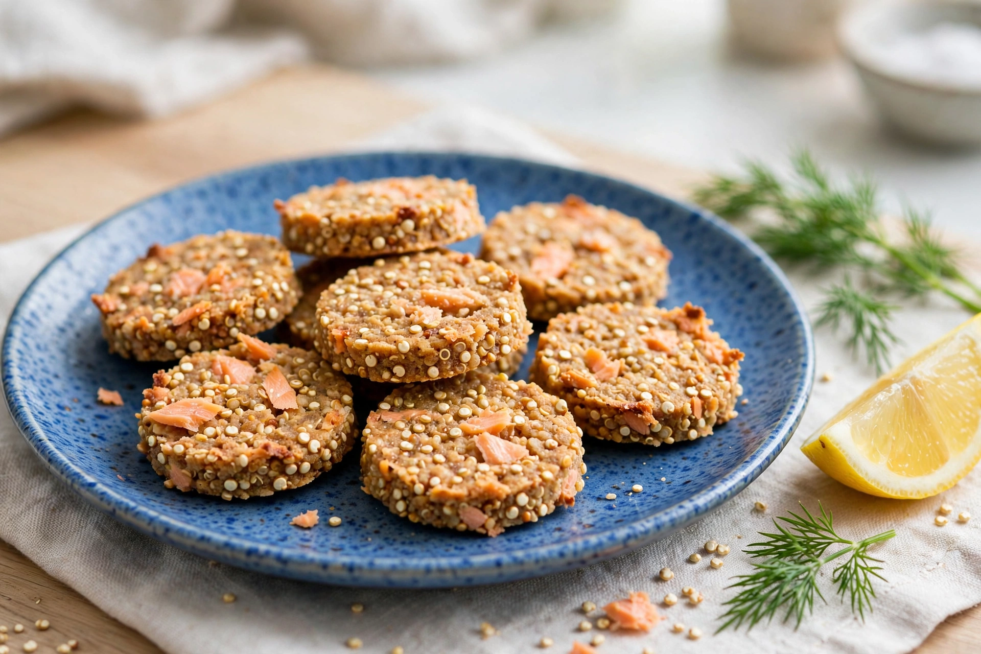 Salmon and quinoa homemade dog treat discs on a plate