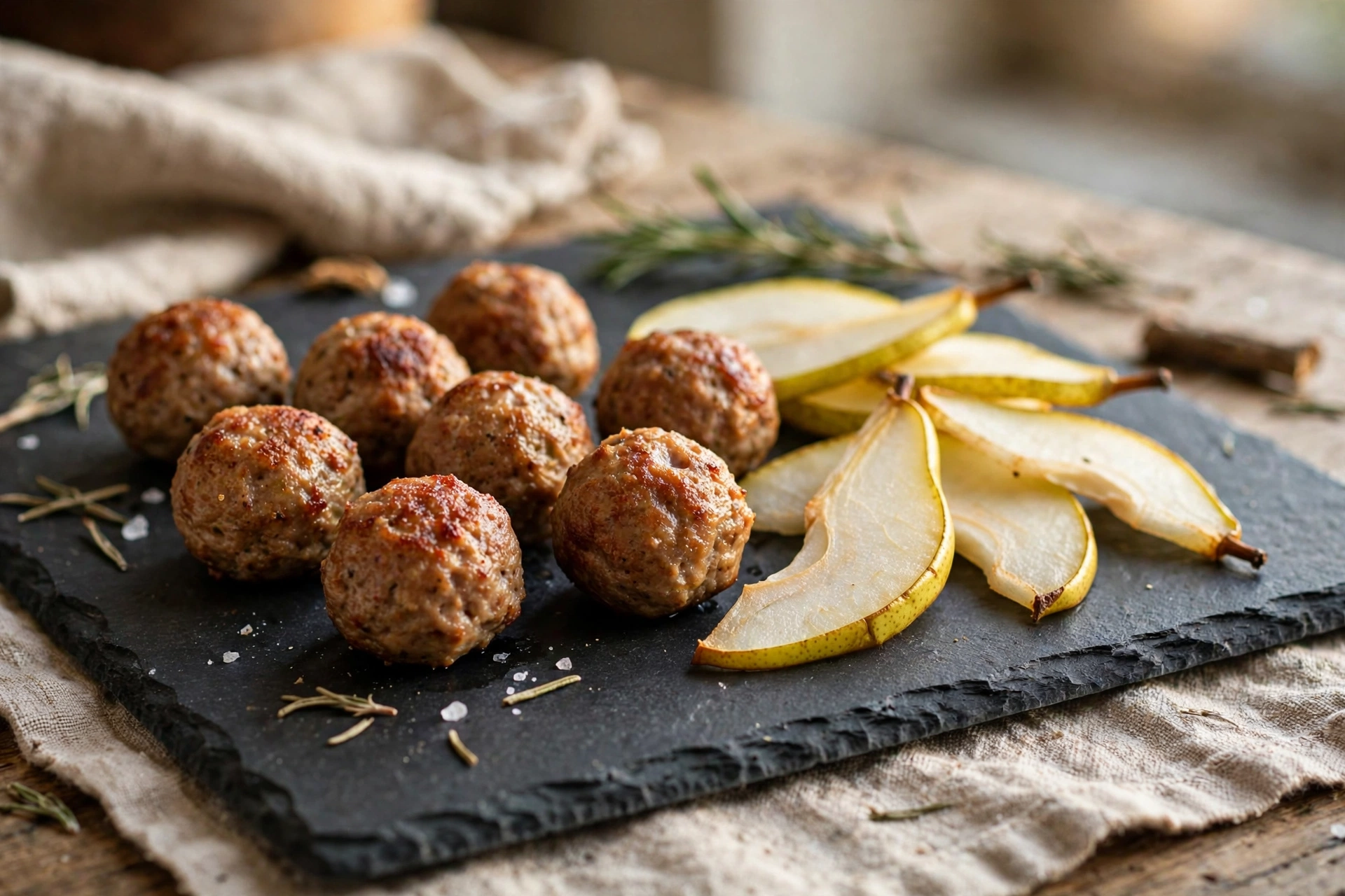 Duck and pear dog treat nibbles on a slate board with pear slices