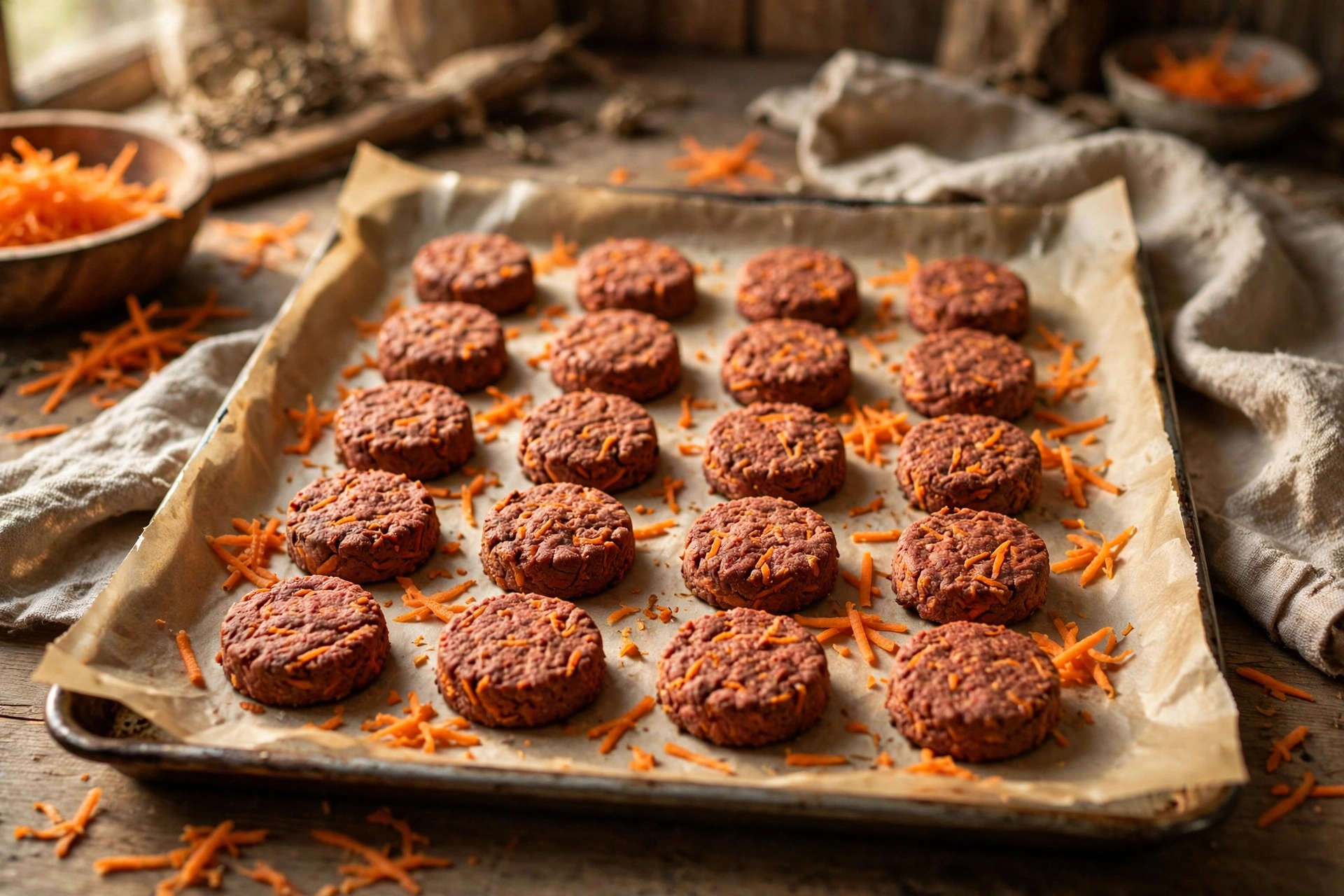 Beef liver and carrot homemade dog treat coins on a baking tray