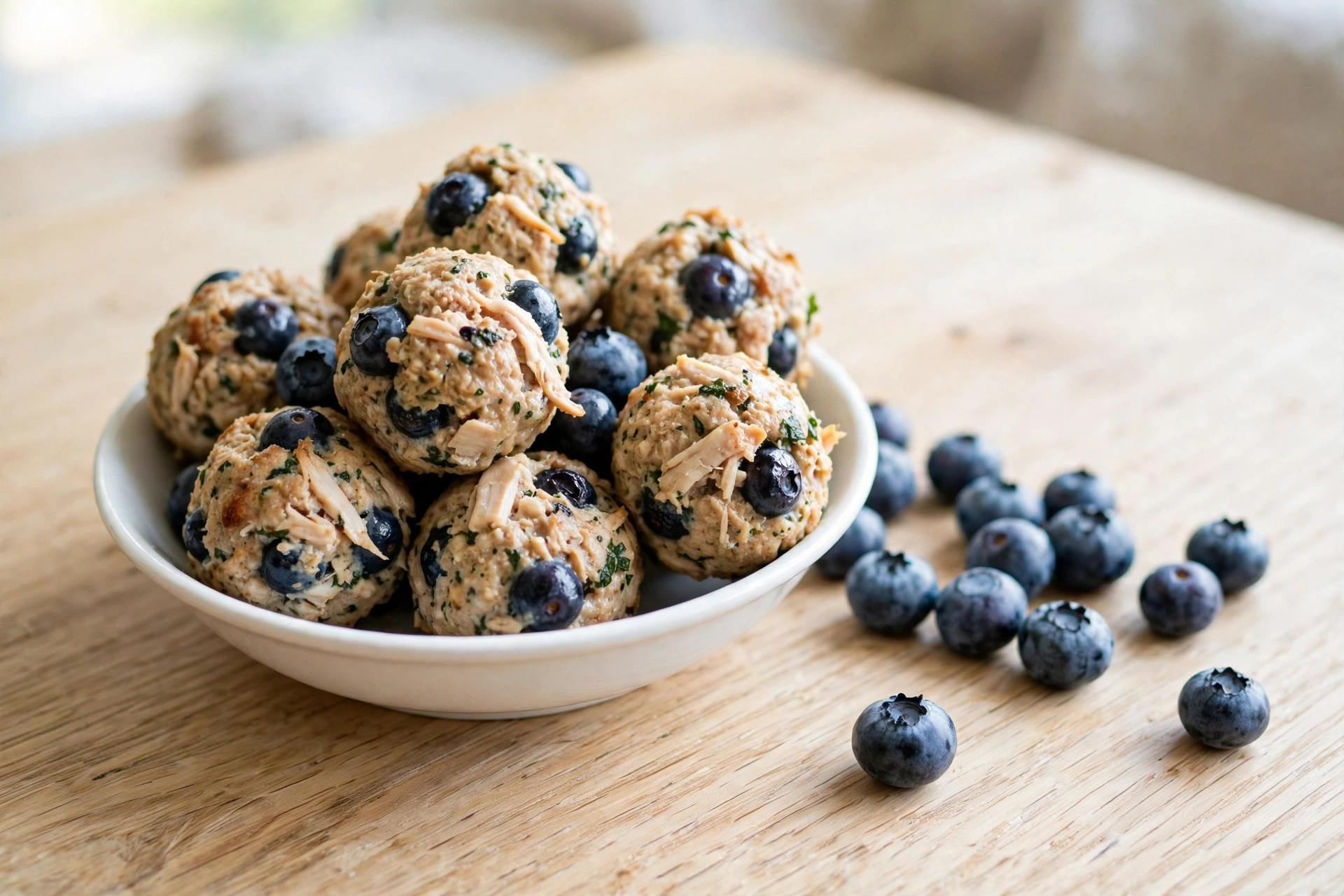 Chicken and blueberry mini meatballs for dogs in a white bowl