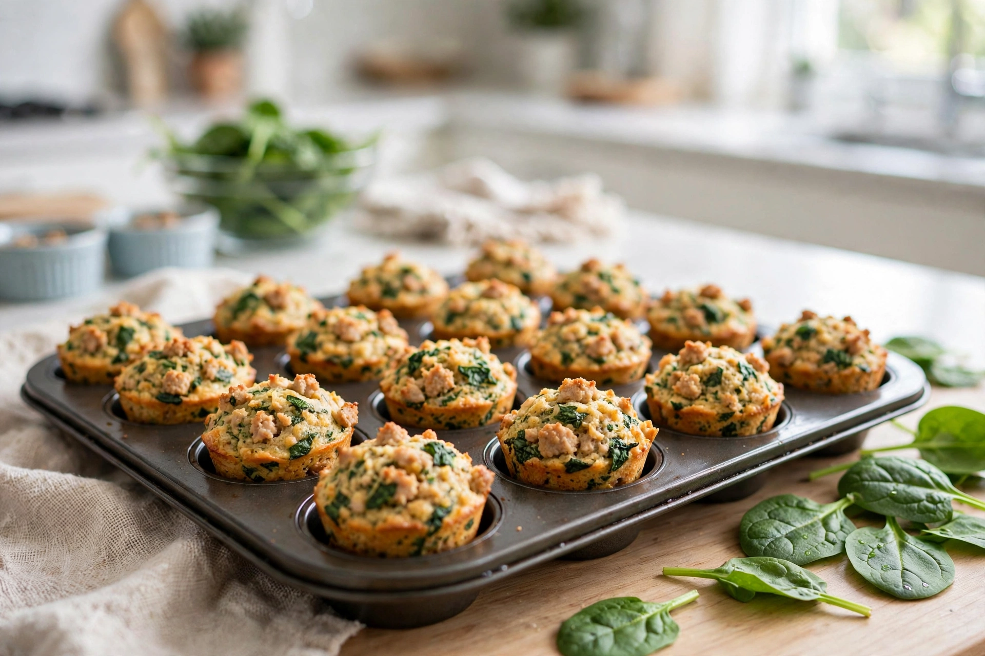 Turkey and spinach dog treat mini muffins in a muffin tin