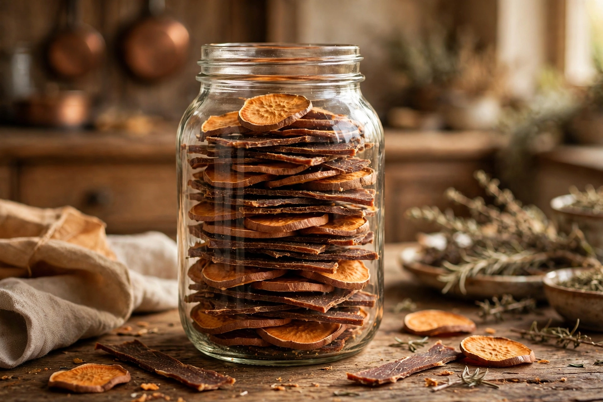 Venison and sweet potato chewy homemade dog treats in a glass jar