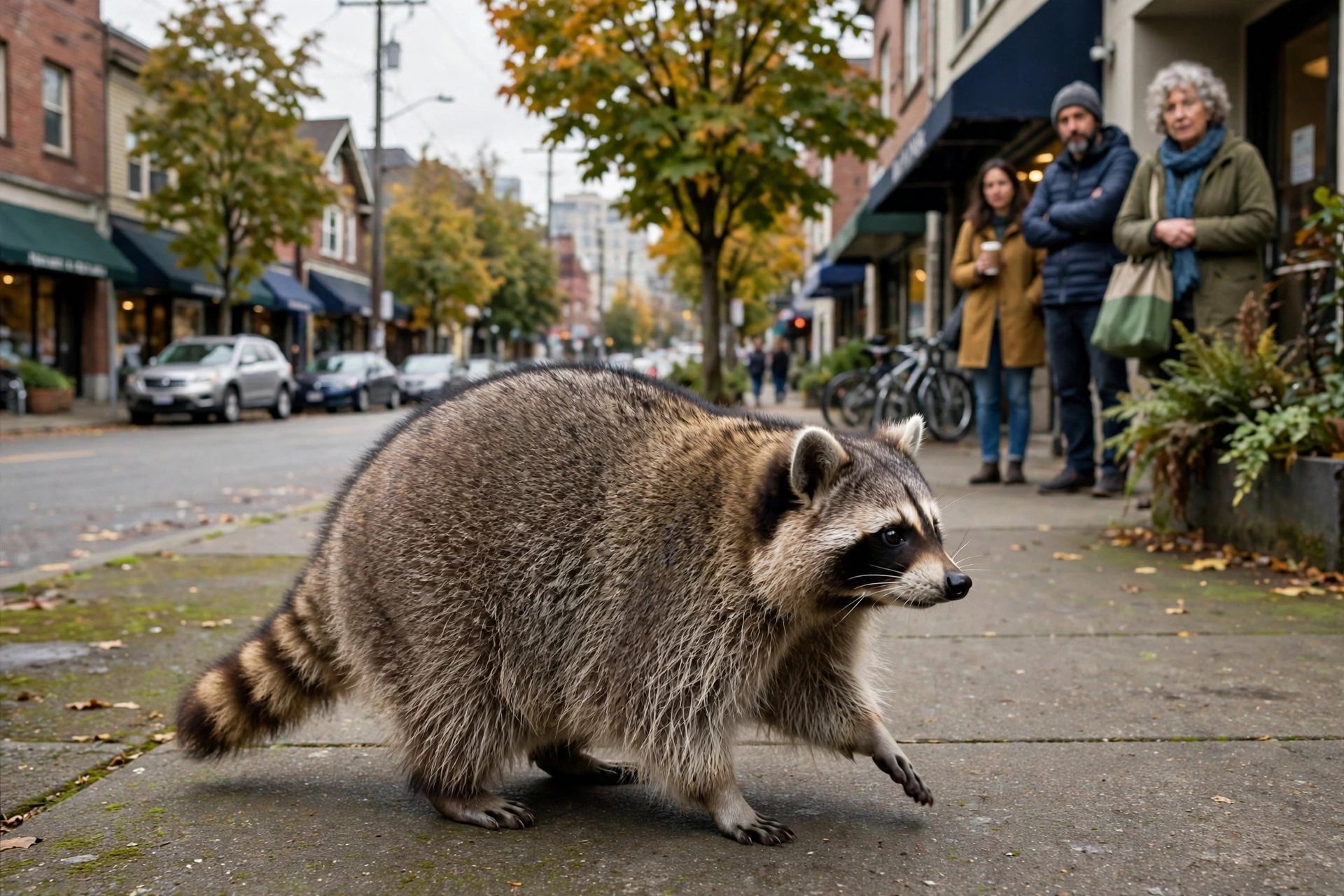 Jimothy the raccoon spotted waddling down a Seattle sidewalk