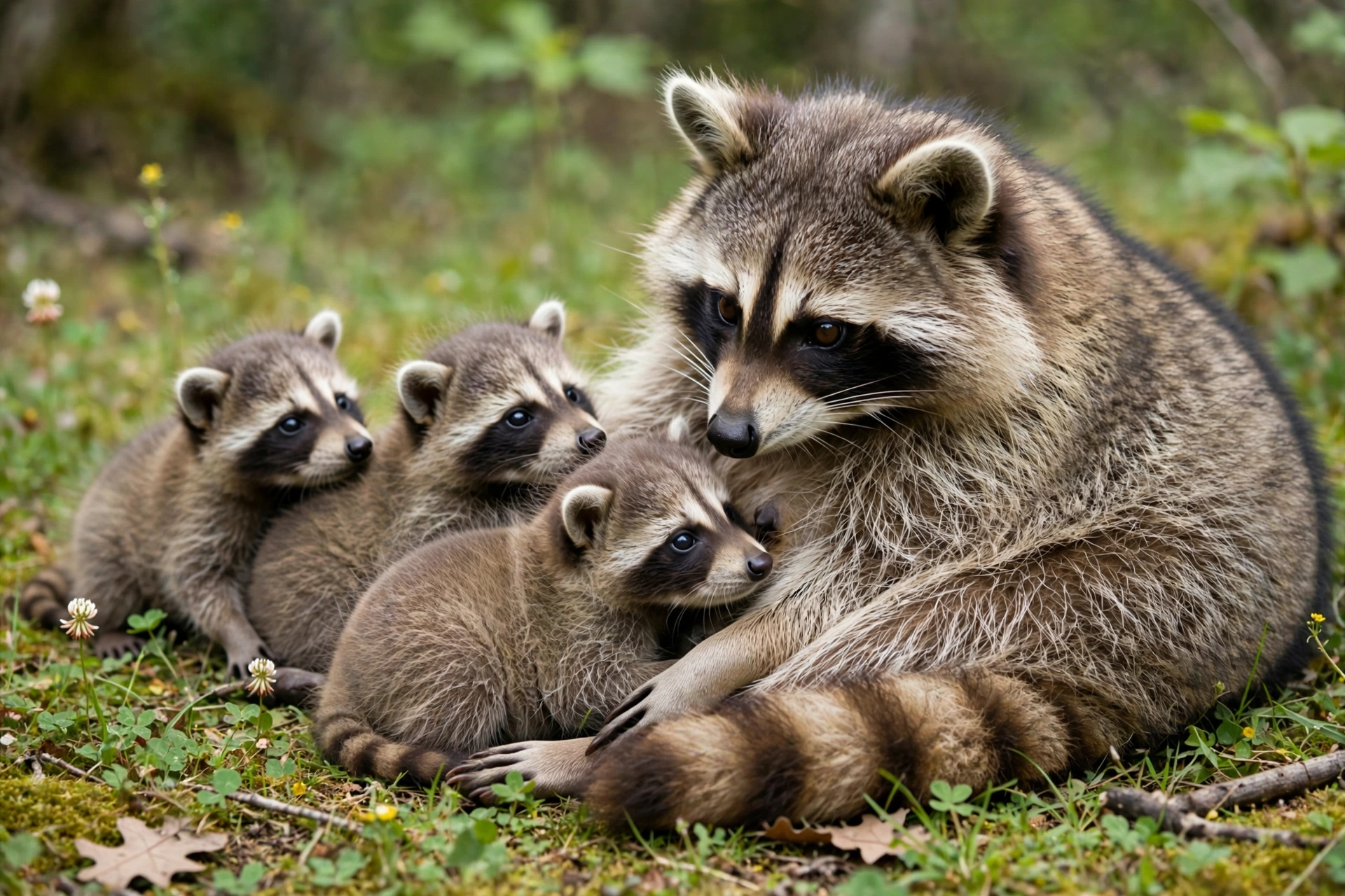 A young round raccoon staying close to its mother raccoon and siblings