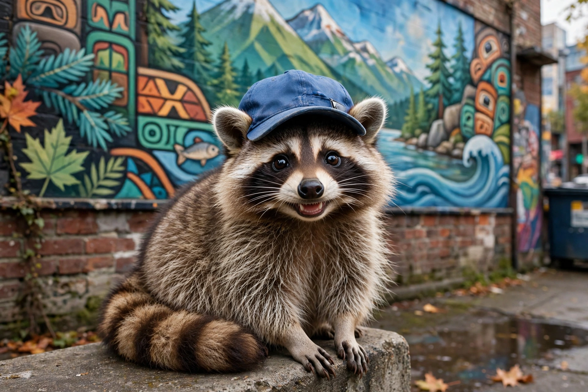 Jimothy the raccoon wearing a blue baseball cap like a local celebrity