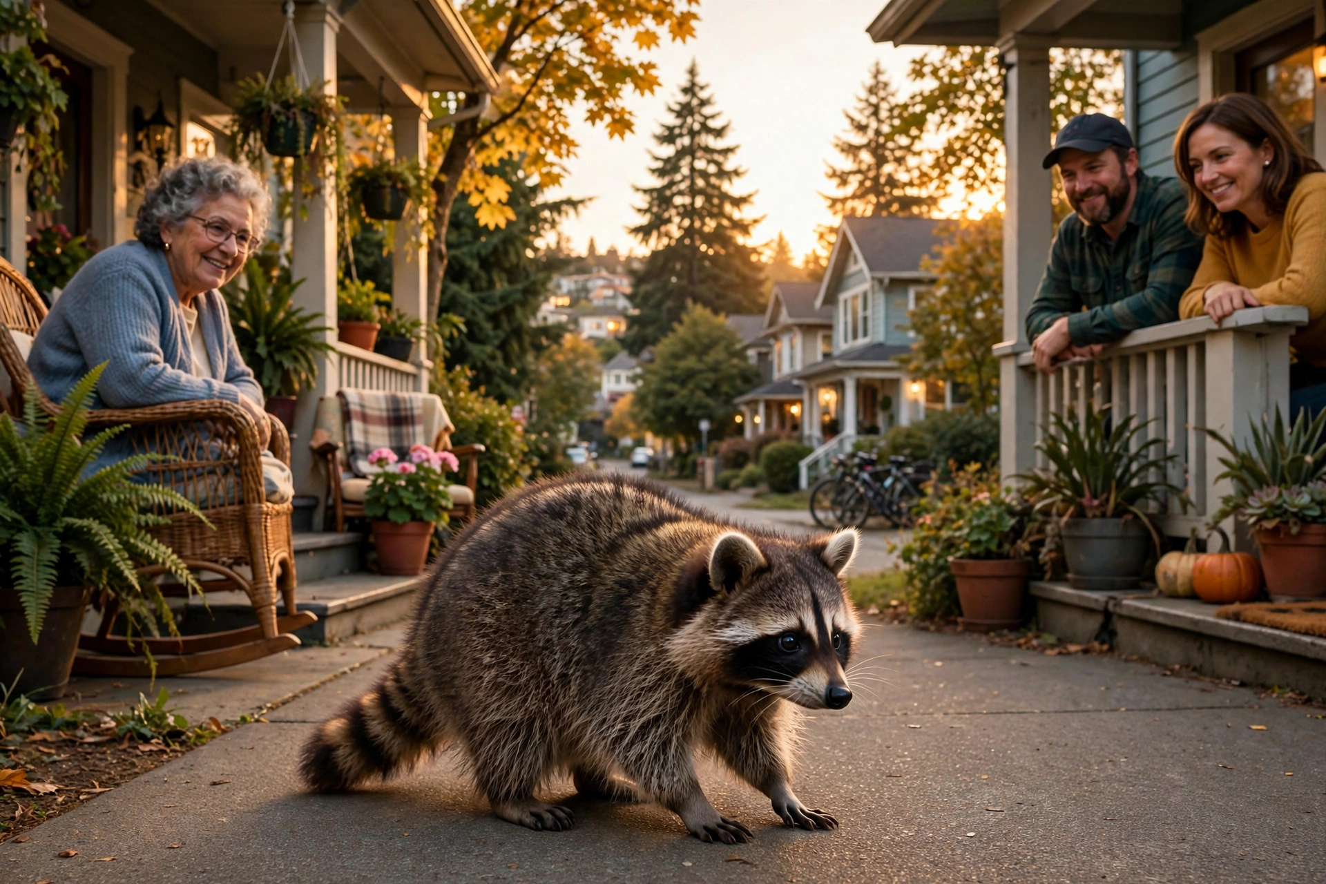 Jimothy the raccoon in his Seattle neighborhood as neighbors watch with affection