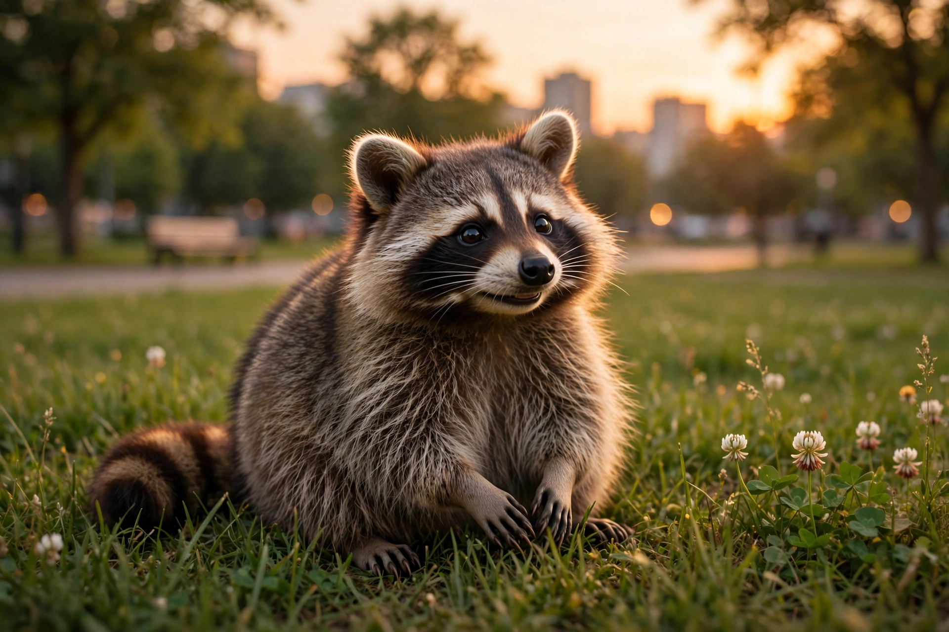 Jimothy the raccoon resting contentedly in green grass at sunset