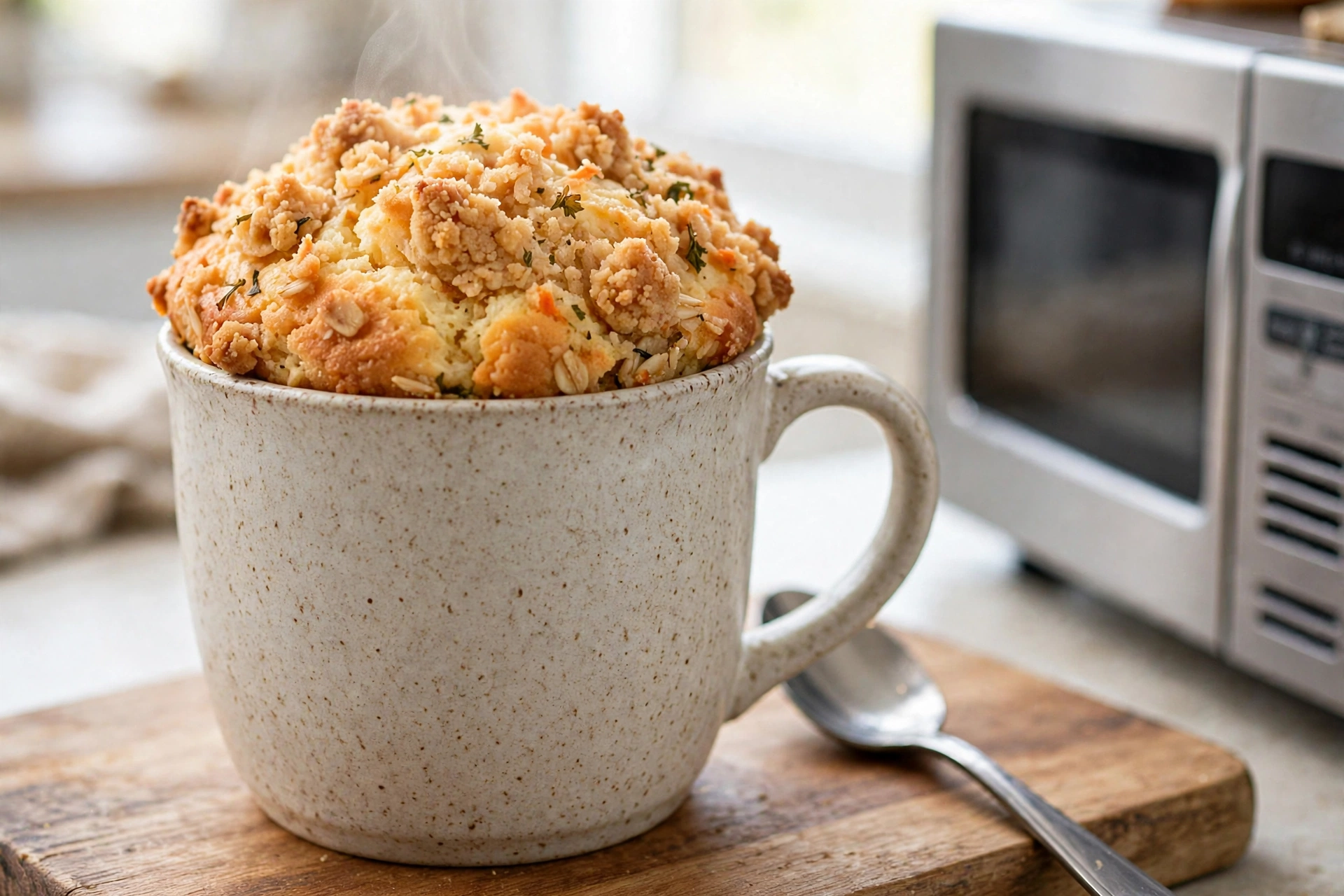 Warm peanut butter and applesauce dog treat cake in a ceramic mug