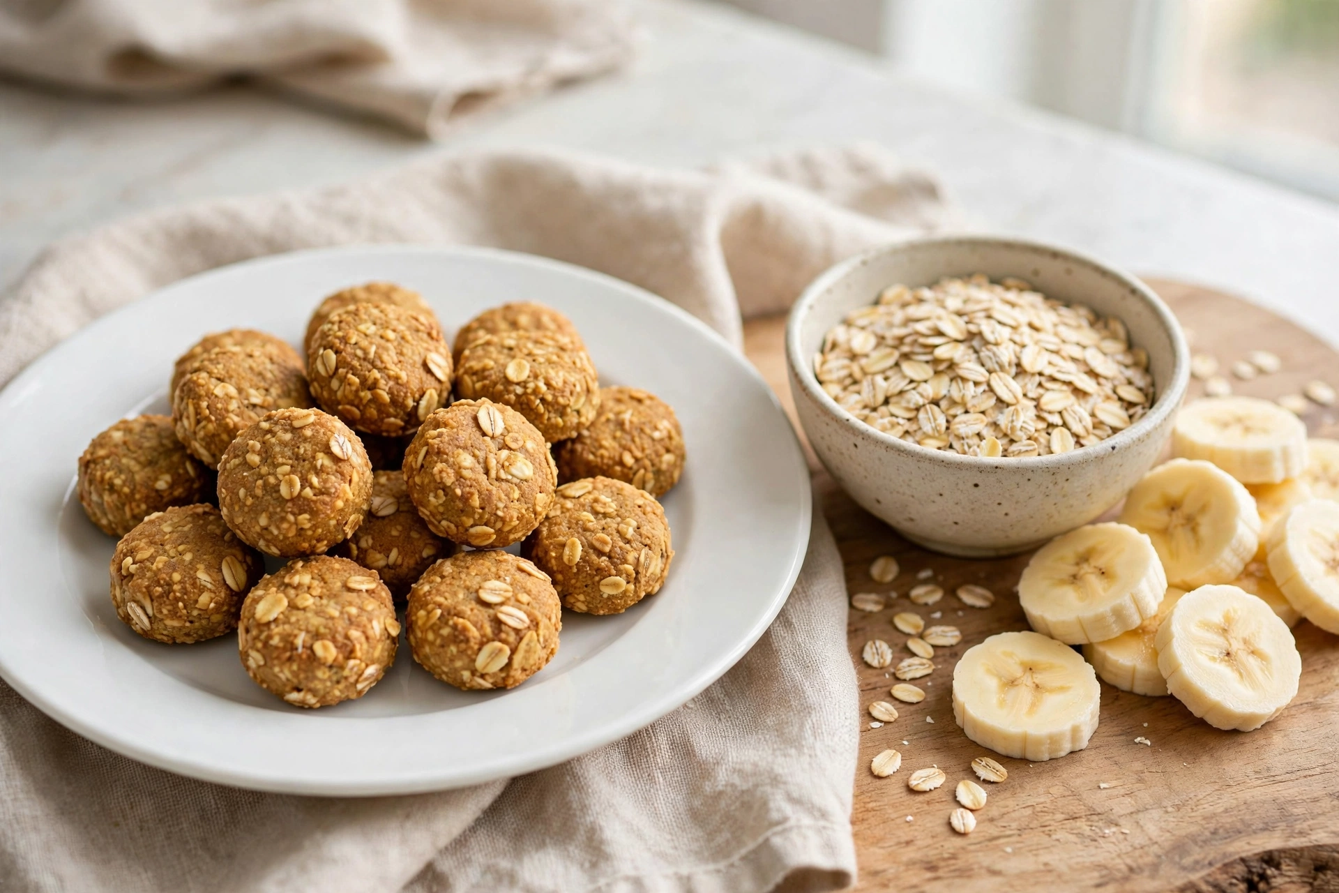 Small round chewy banana oat dog treats on a white microwave-safe plate