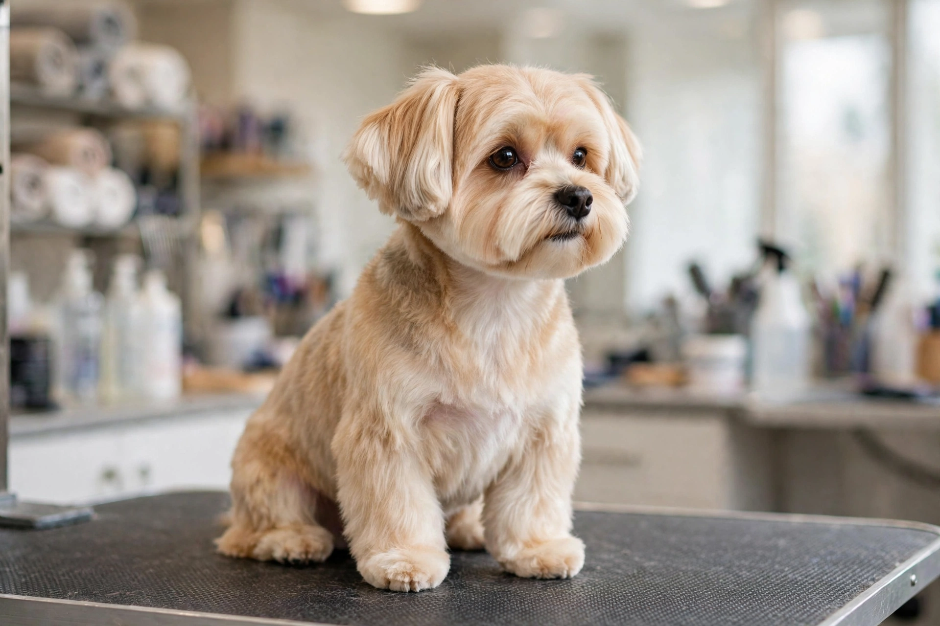 Freshly groomed Morkie with rounded face trim and tidy paws