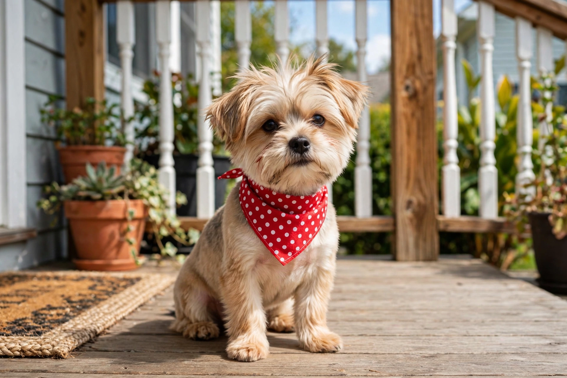 Morkie with scruffy head fur wearing a red bandana