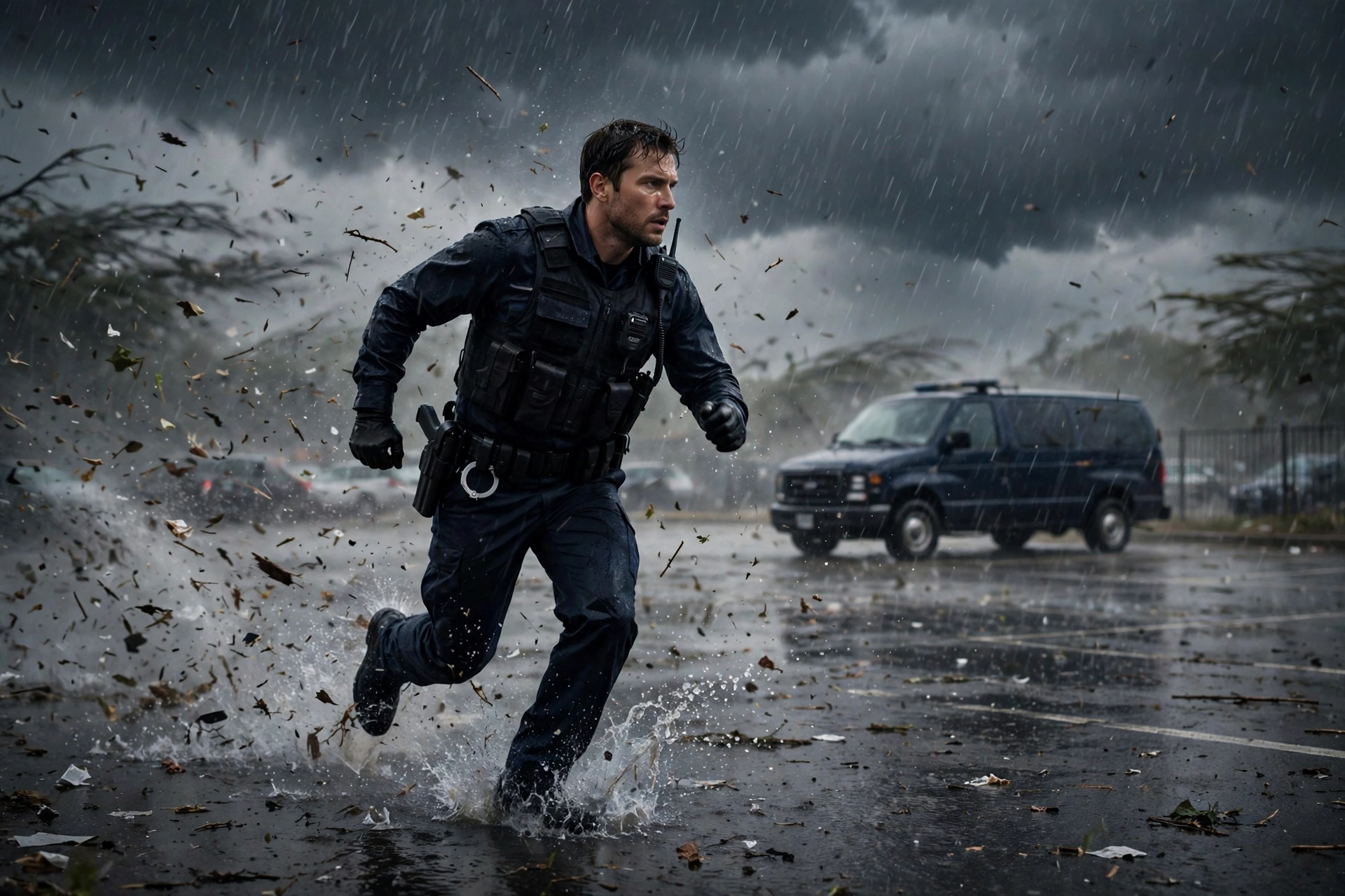 Police officer running through heavy rain and wind toward a patrol van in a storm