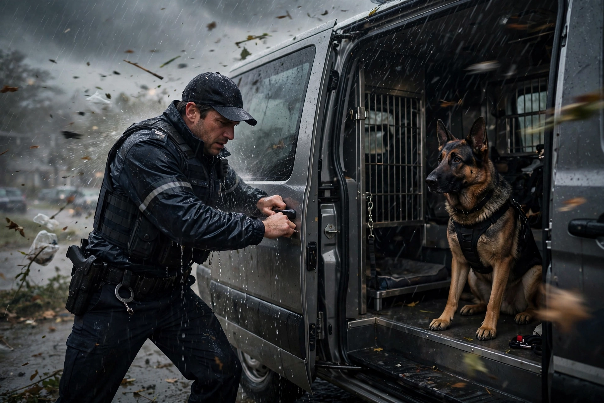 Officer struggling to open a patrol van door while his K9 dog waits inside during the storm