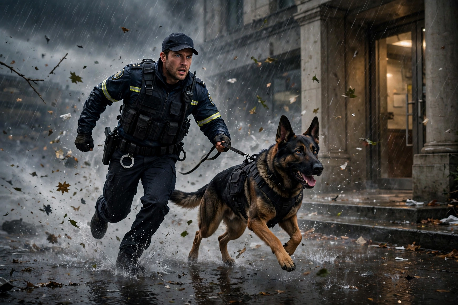 Police officer and K9 dog running together through the storm toward safety