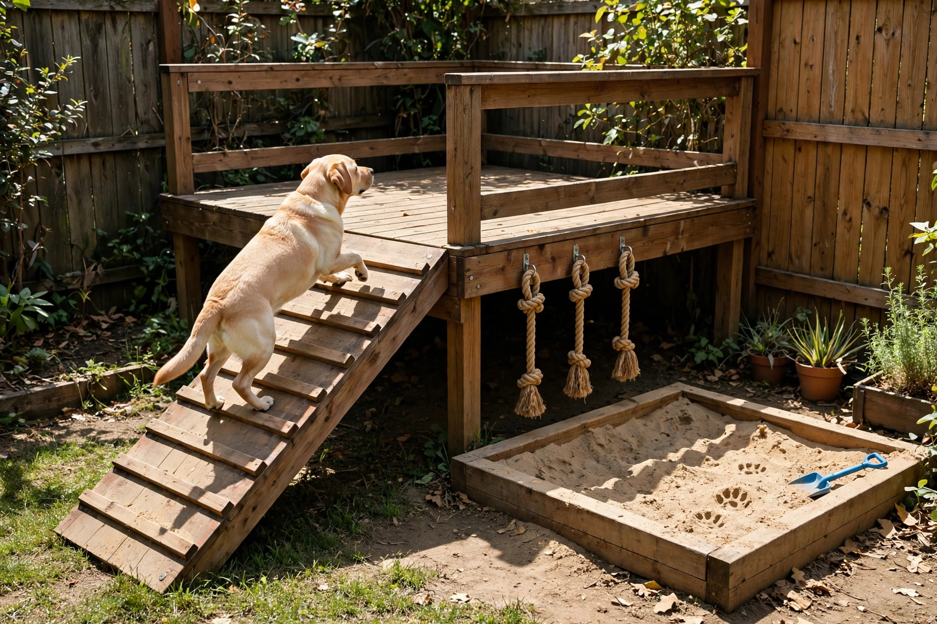 Raised wooden dog play platform with a ramp and hanging rope toys on a patio