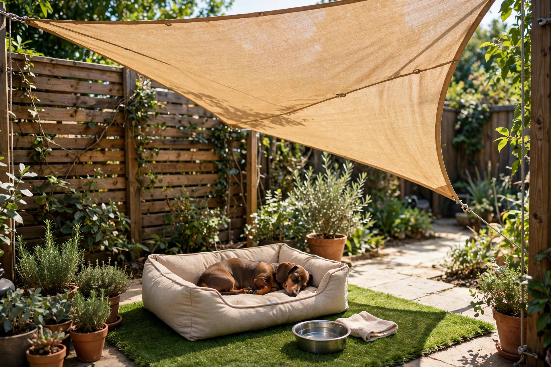 Triangle shade sail canopy over a dog lounge area with an outdoor dog bed and water bowl