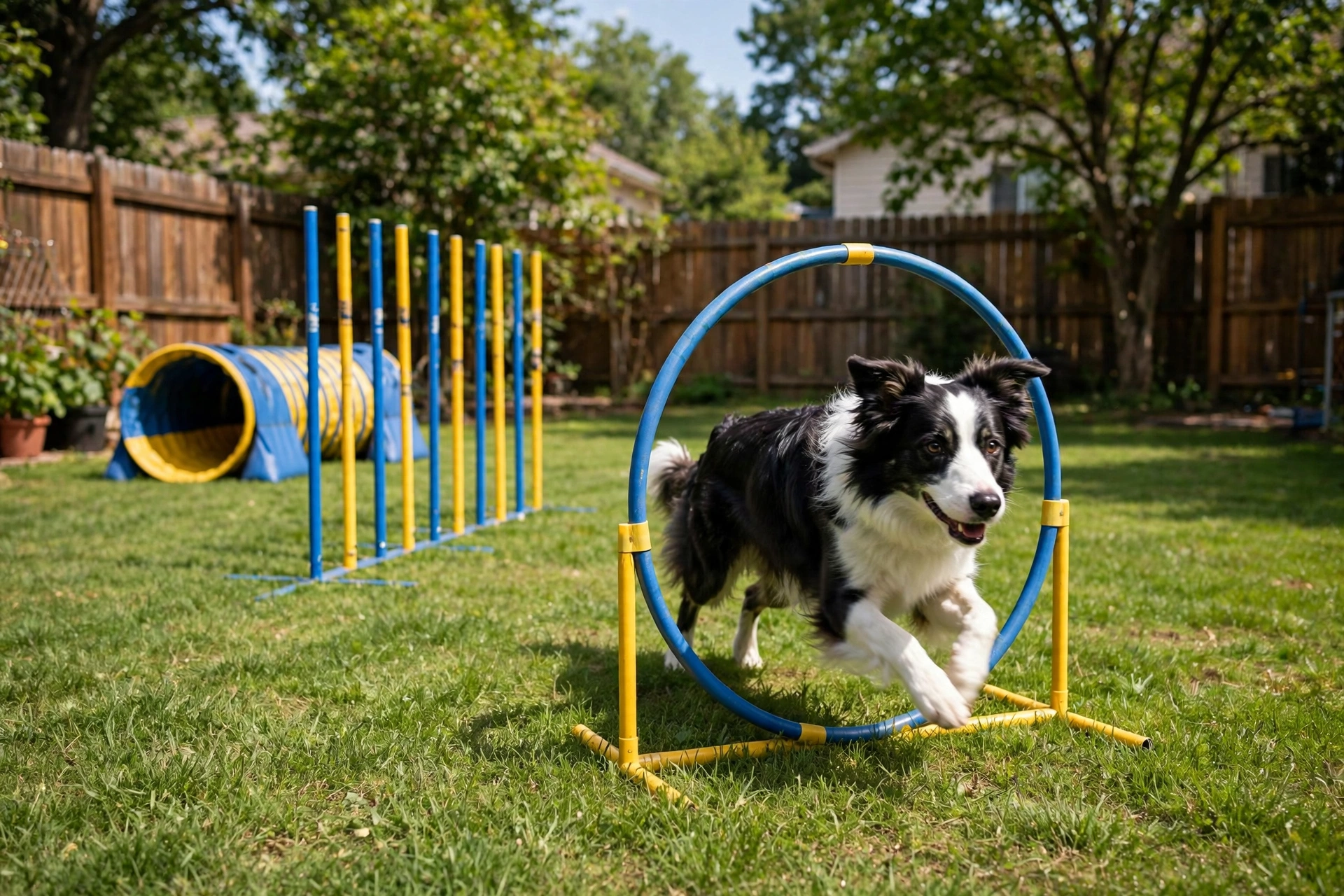 Backyard dog agility course with weave poles, a tunnel, and a hoop jump on grass