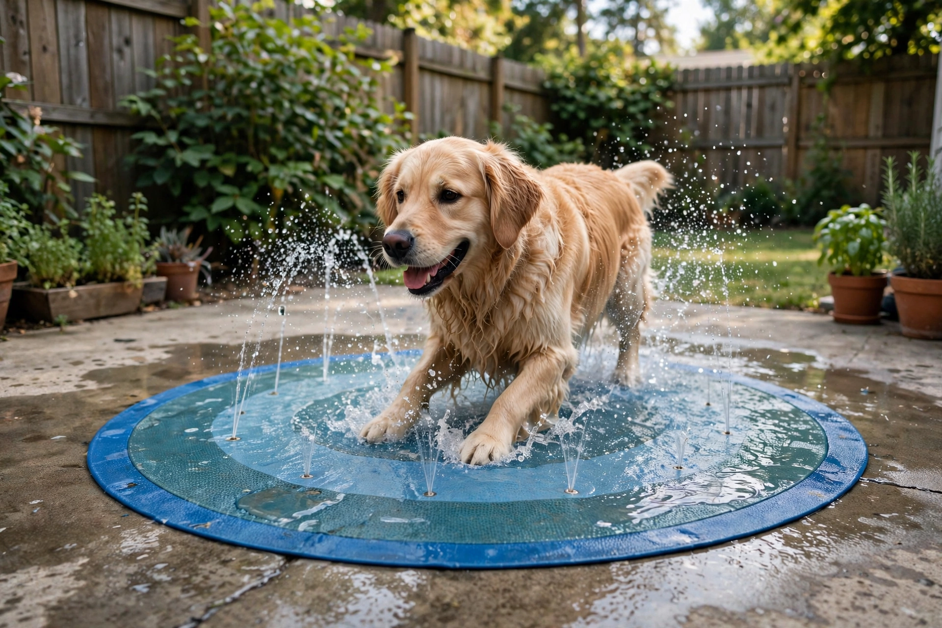 Dog splash pad water mat on a patio with a golden retriever playing in the spray