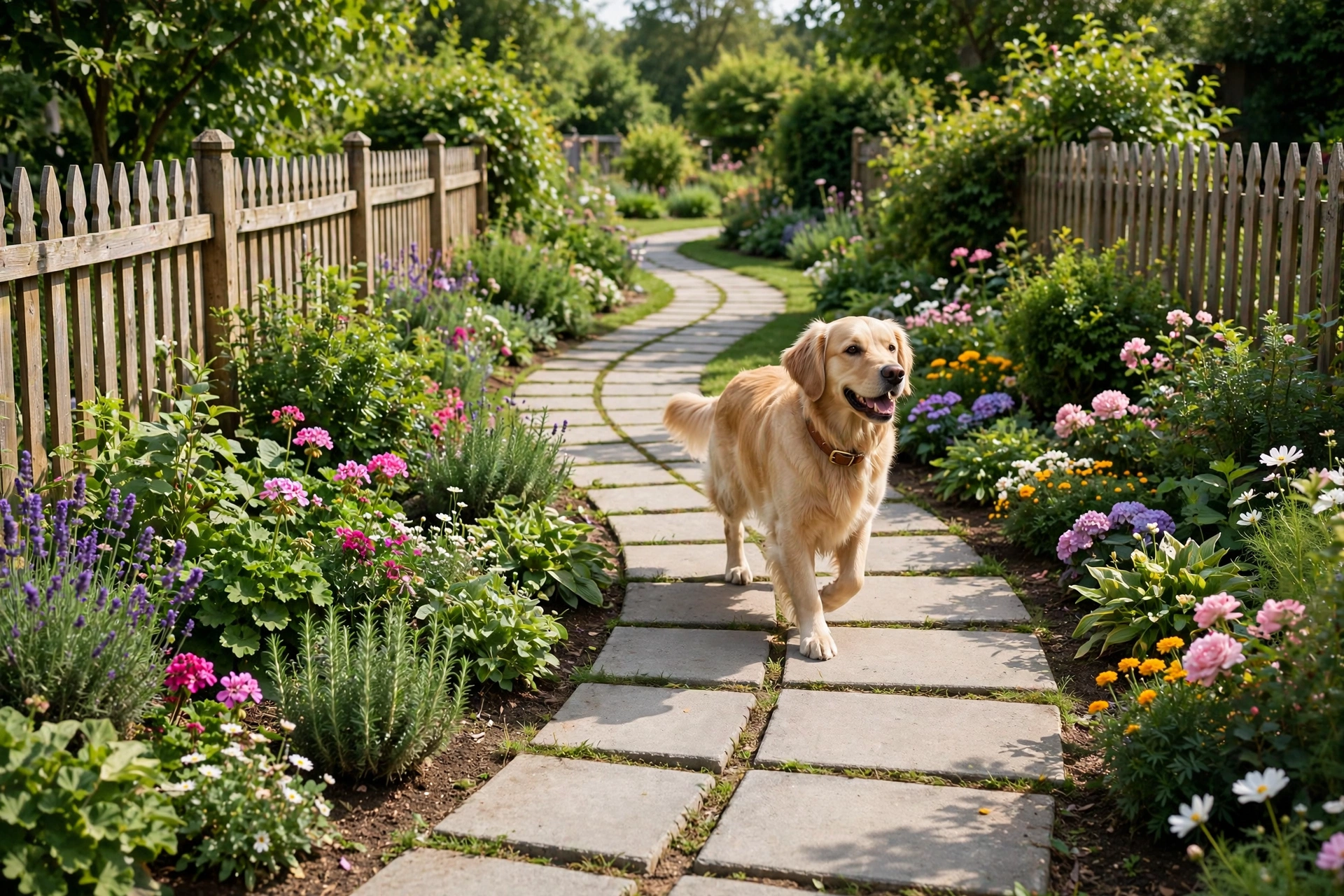 Concrete paver stepping-stone walkway through a garden with a golden retriever walking along it
