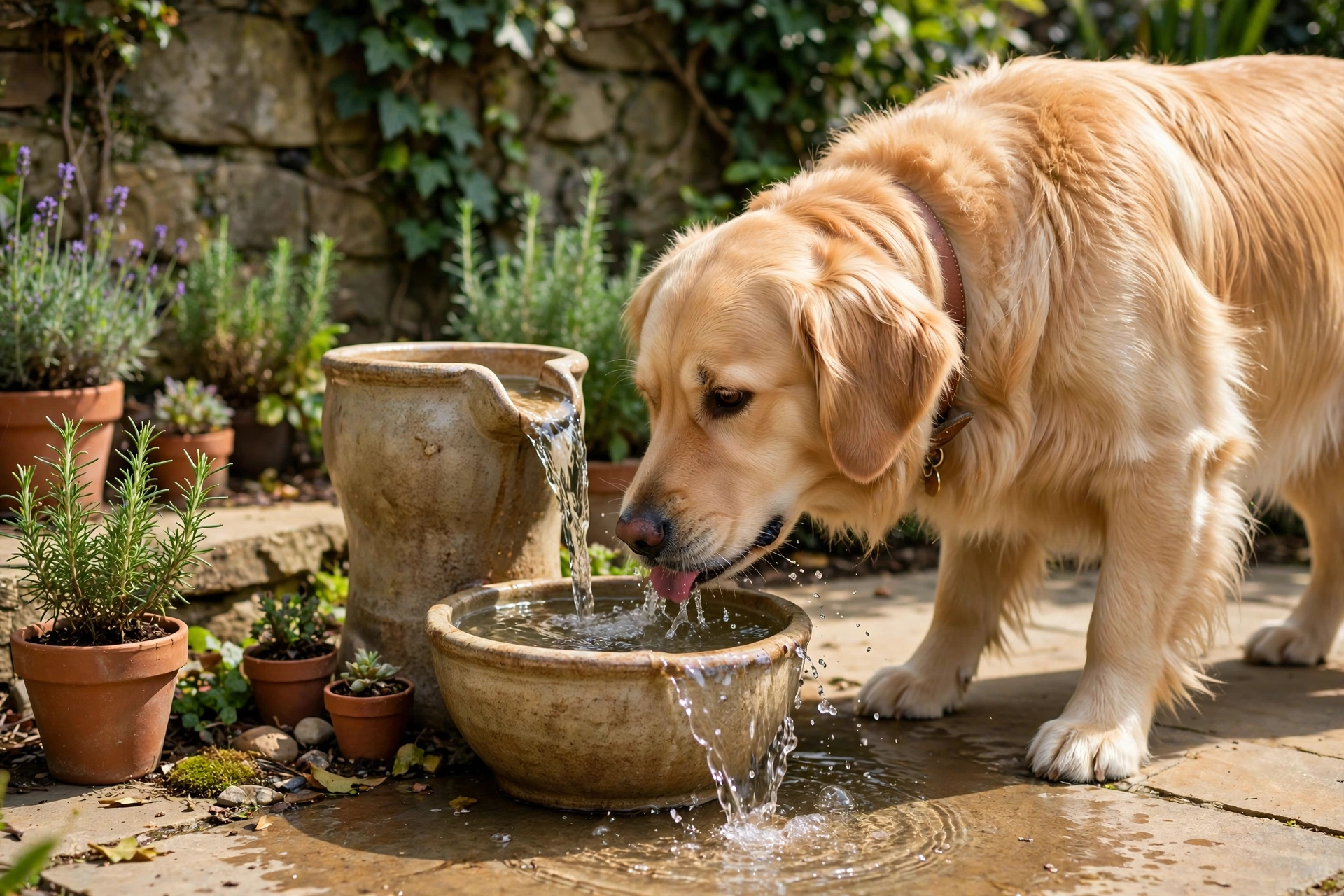 Outdoor pet water station with a ceramic dog water fountain on a sunny patio